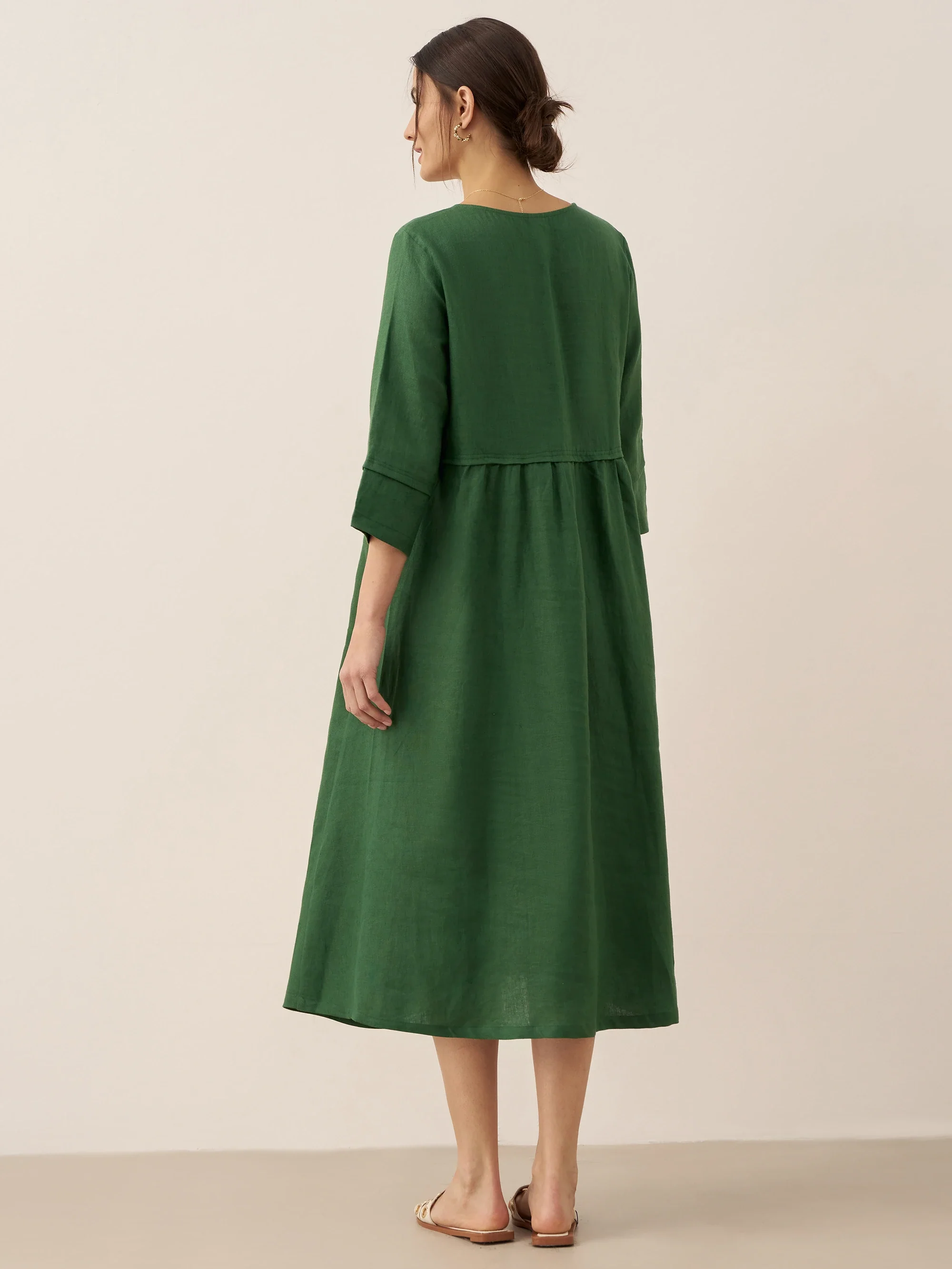 100% Linen Loose Fit Button Waist Gathered Midi Dress LUNA - Image 28