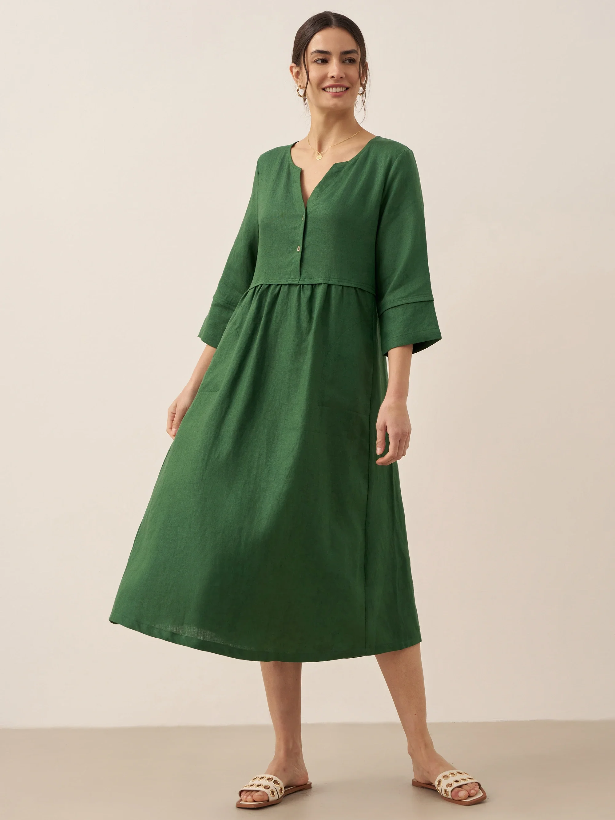 100% Linen Loose Fit Button Waist Gathered Midi Dress LUNA - Image 29