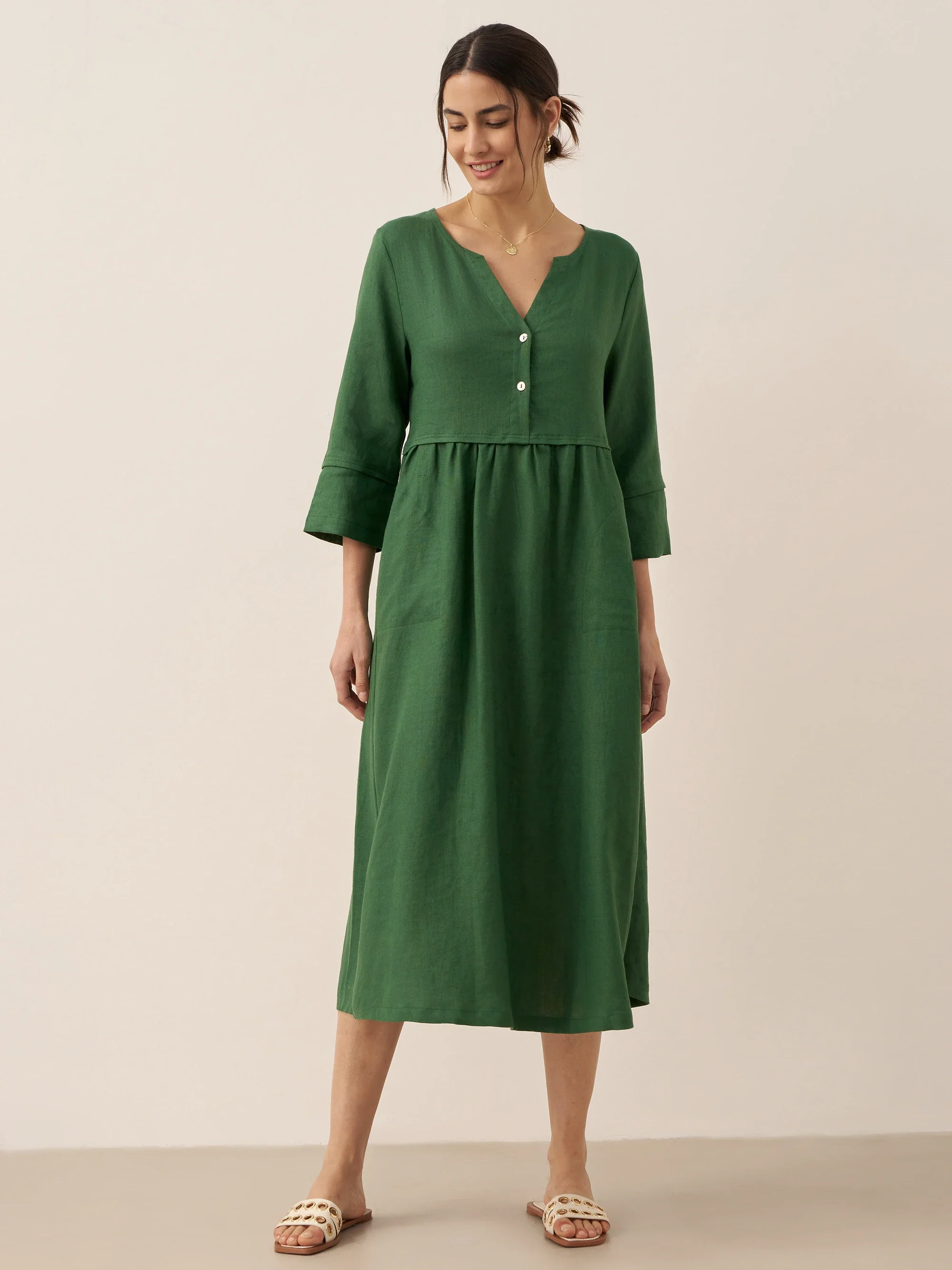 100% Linen Loose Fit Button Waist Gathered Midi Dress LUNA - Image 30