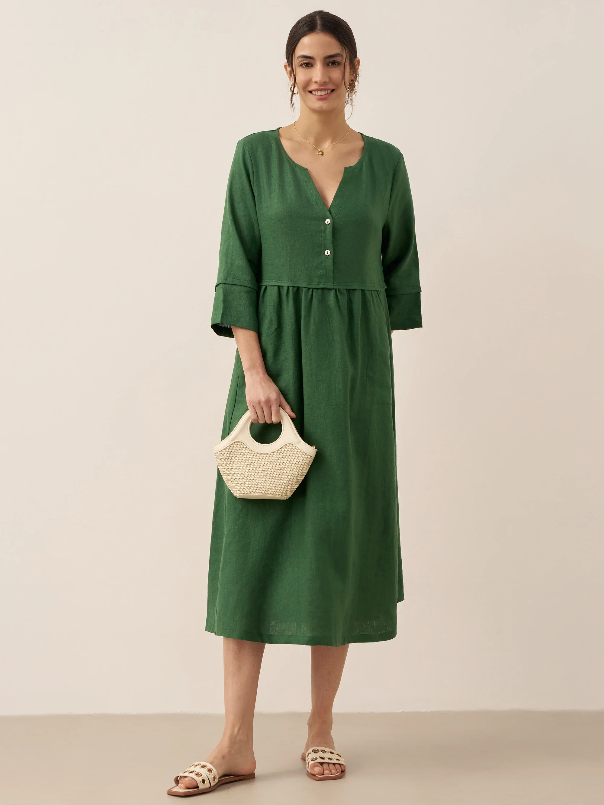 100% Linen Loose Fit Button Waist Gathered Midi Dress LUNA - Image 31