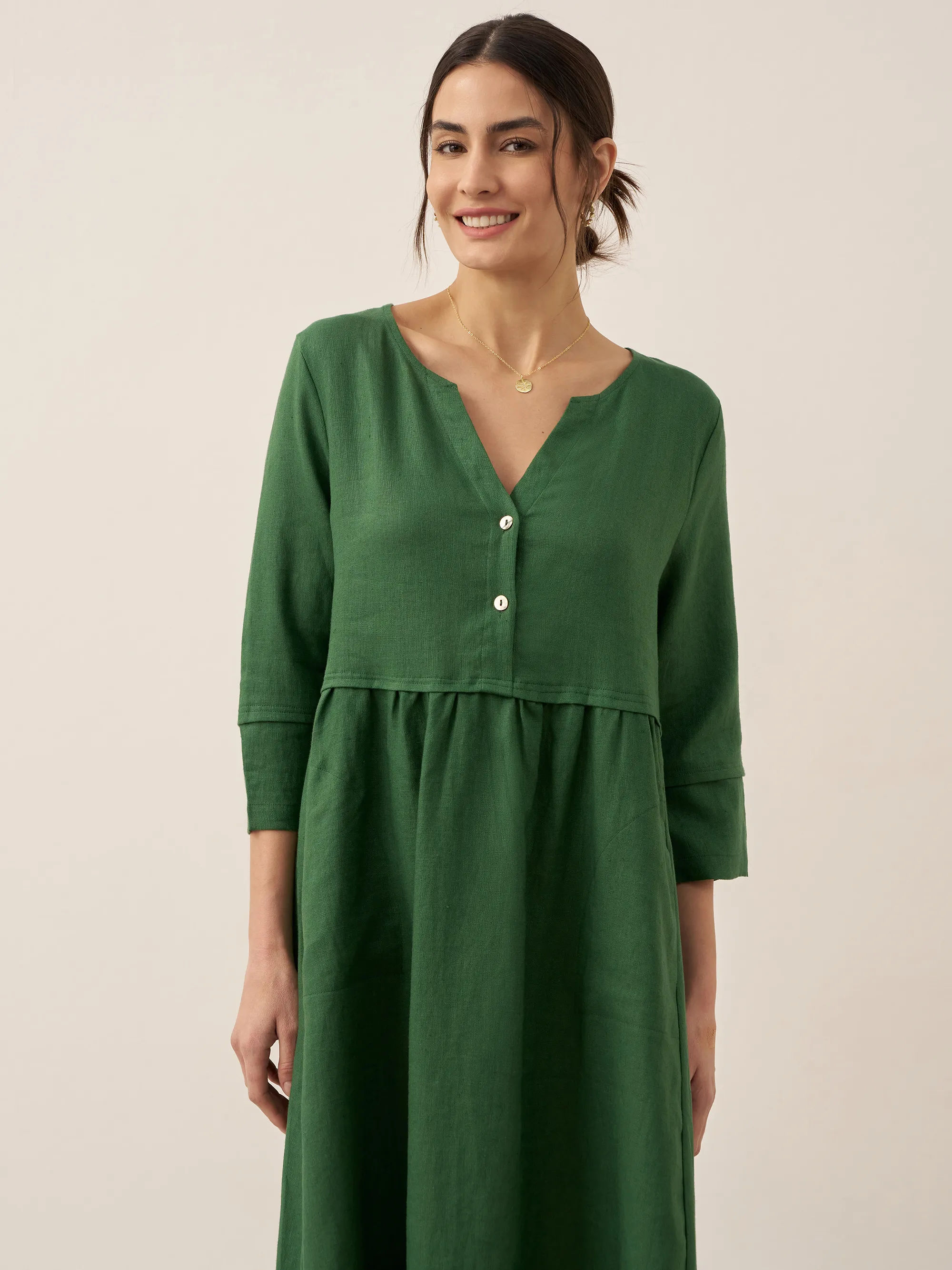 100% Linen Loose Fit Button Waist Gathered Midi Dress LUNA - Image 34