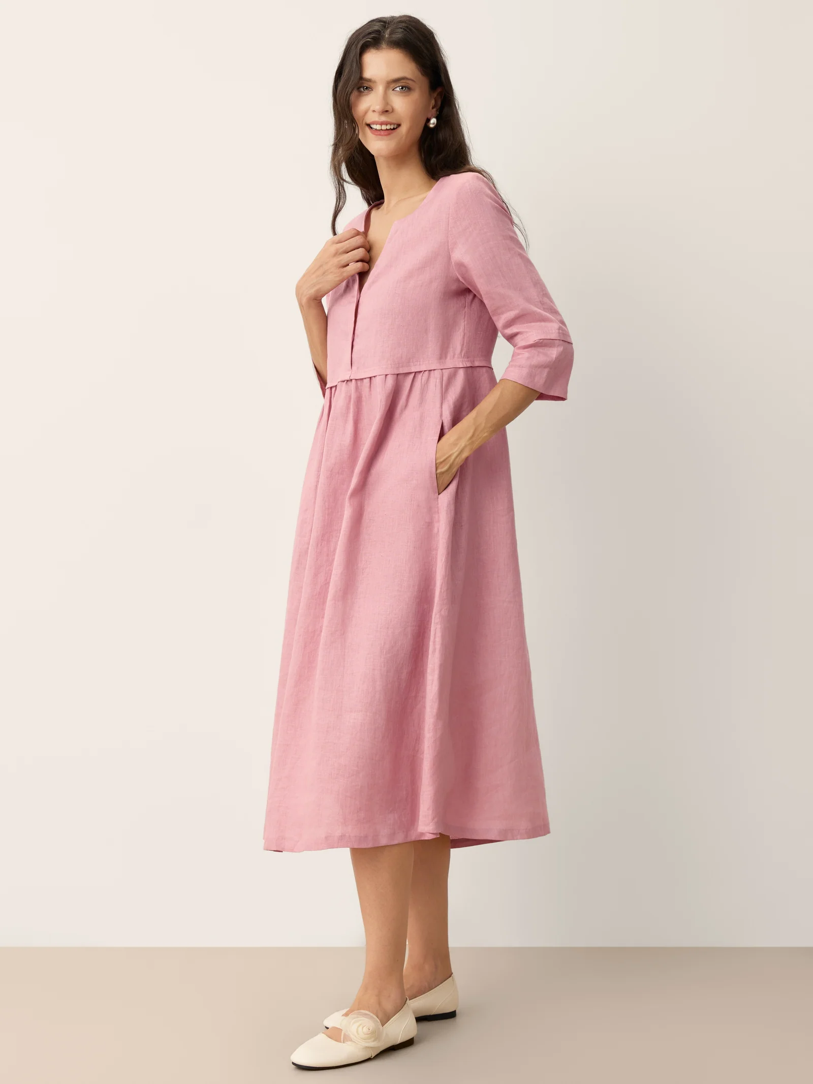 100% Linen Loose Fit Button Waist Gathered Midi Dress LUNA - Image 4