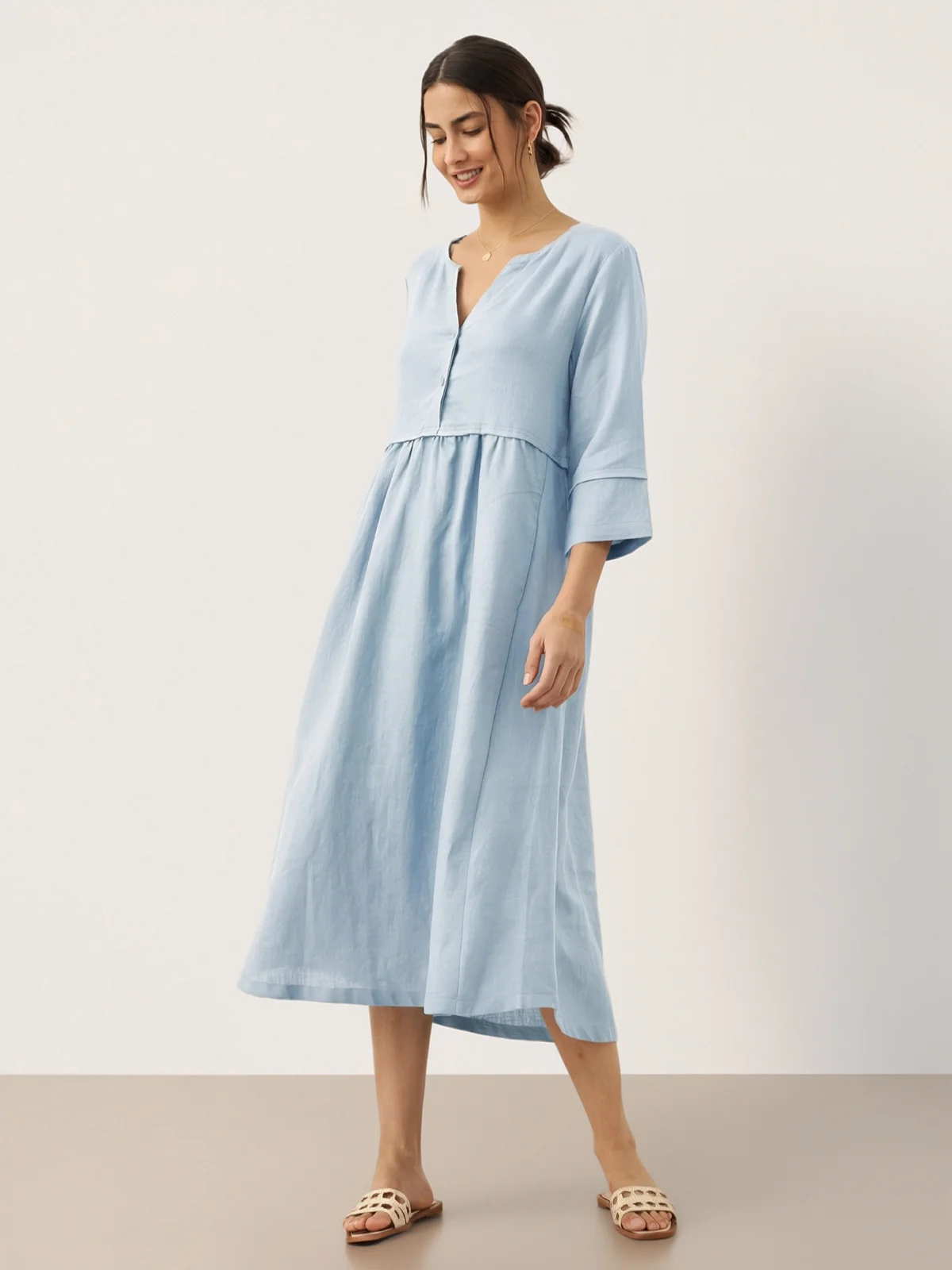 100% Linen Loose Fit Button Waist Gathered Midi Dress LUNA - Image 40