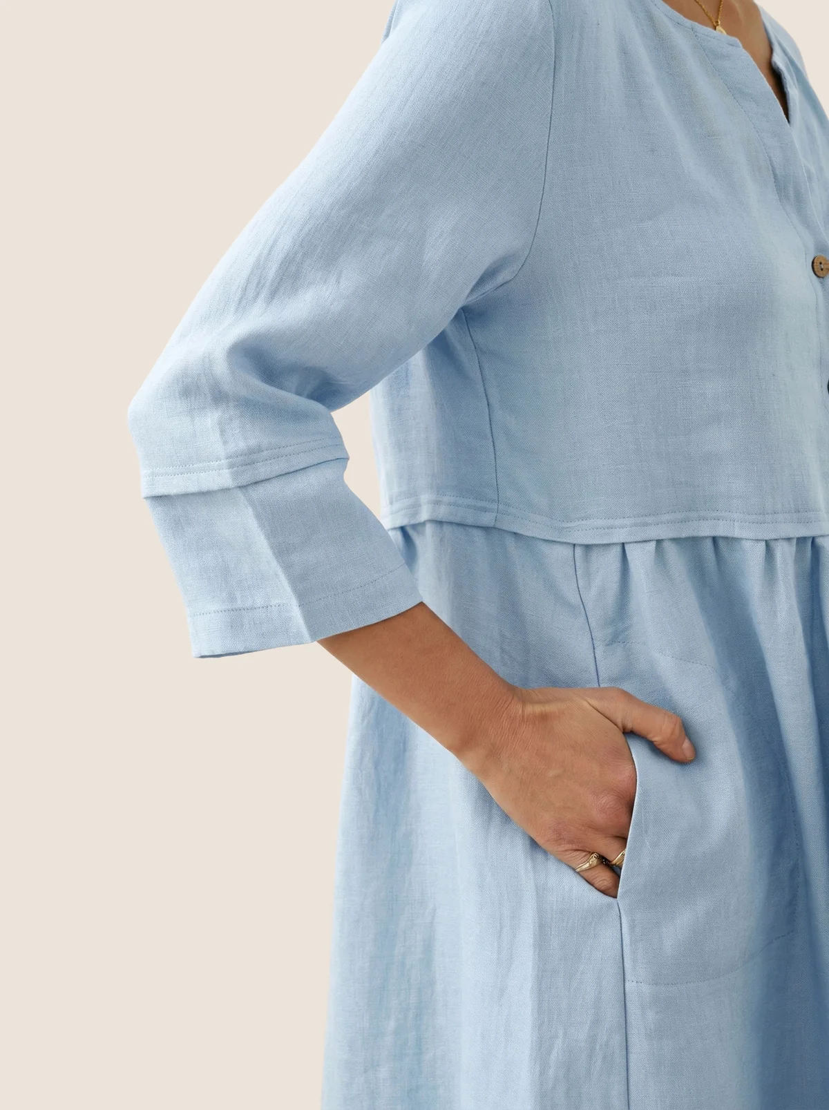 100% Linen Loose Fit Button Waist Gathered Midi Dress LUNA - Image 41