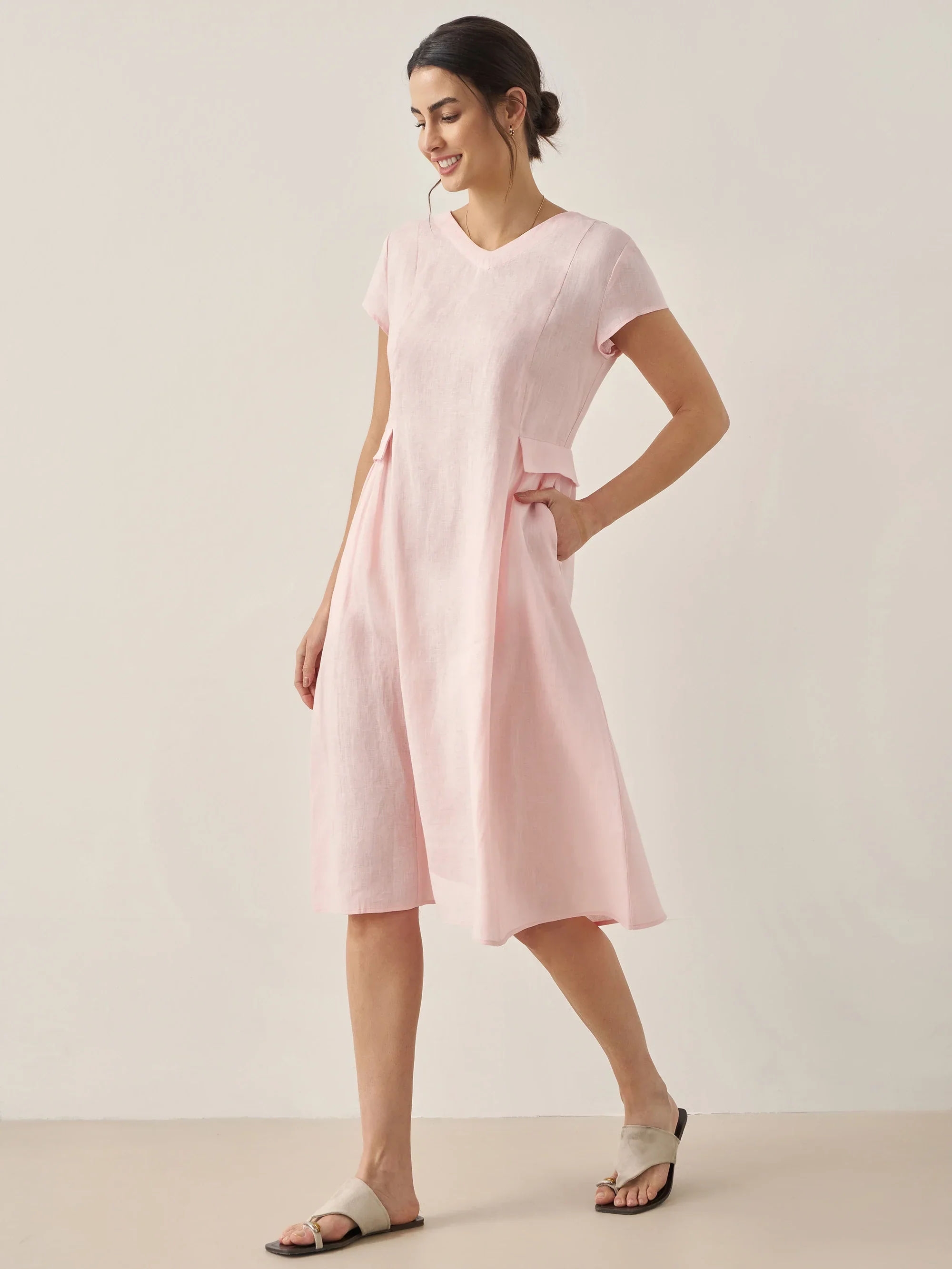 100% Linen Natural Summer V-Neck Dress ALEXA - Image 4