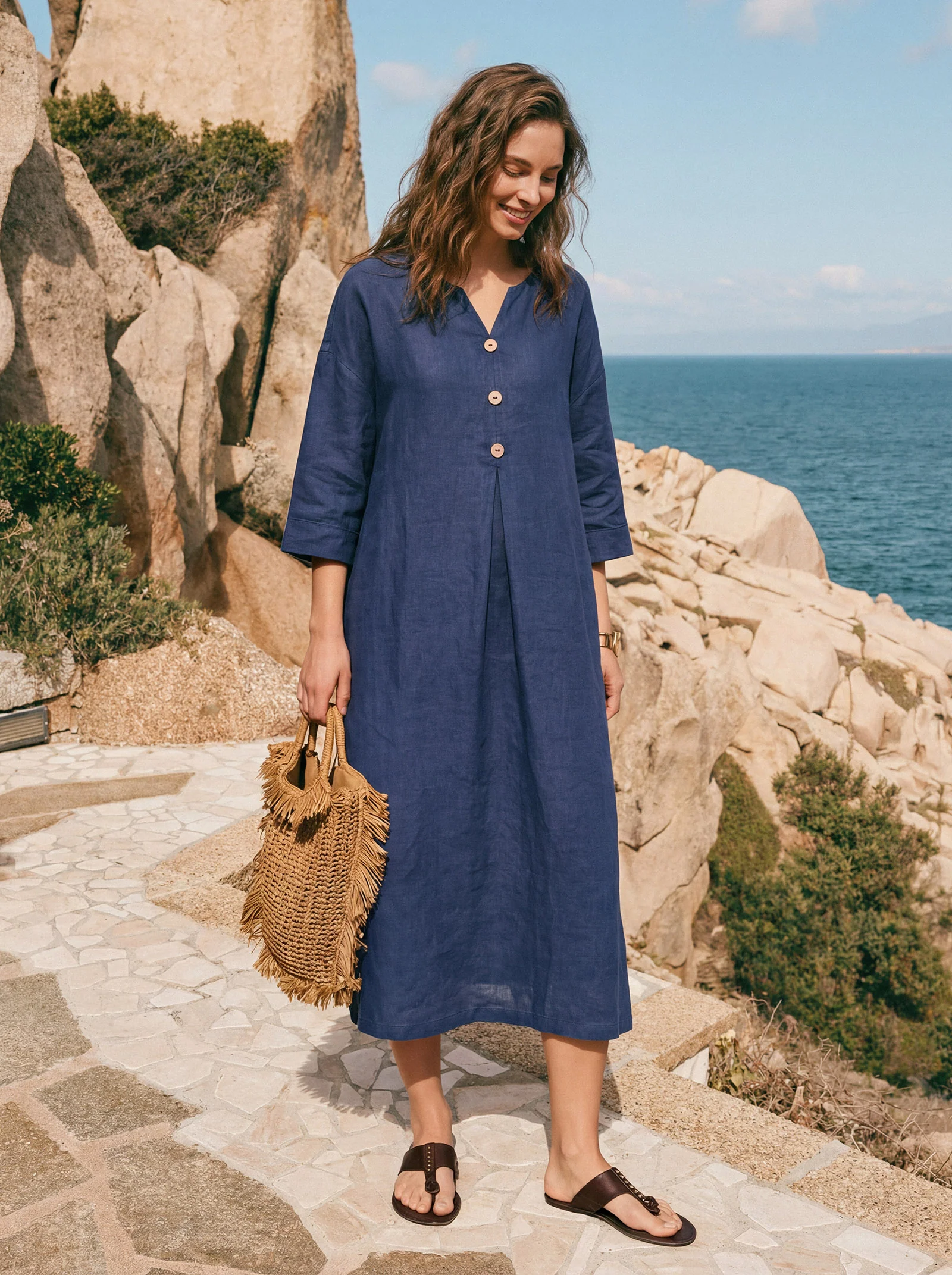 100% Linen Notch Neck Inverted Pleat Midi Dress MATILDE - Image 2