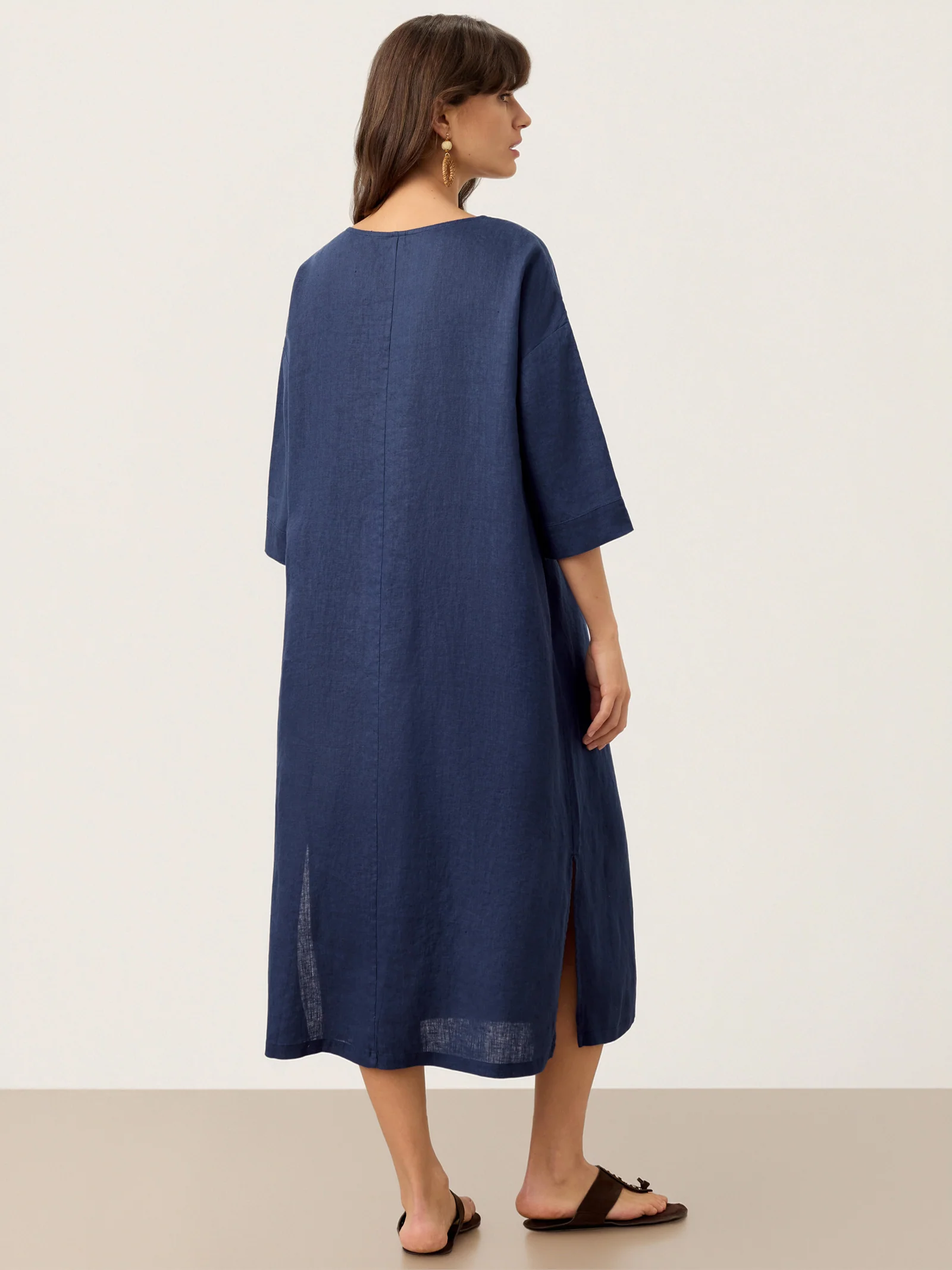 100% Linen Notch Neck Inverted Pleat Midi Dress MATILDE - Image 3
