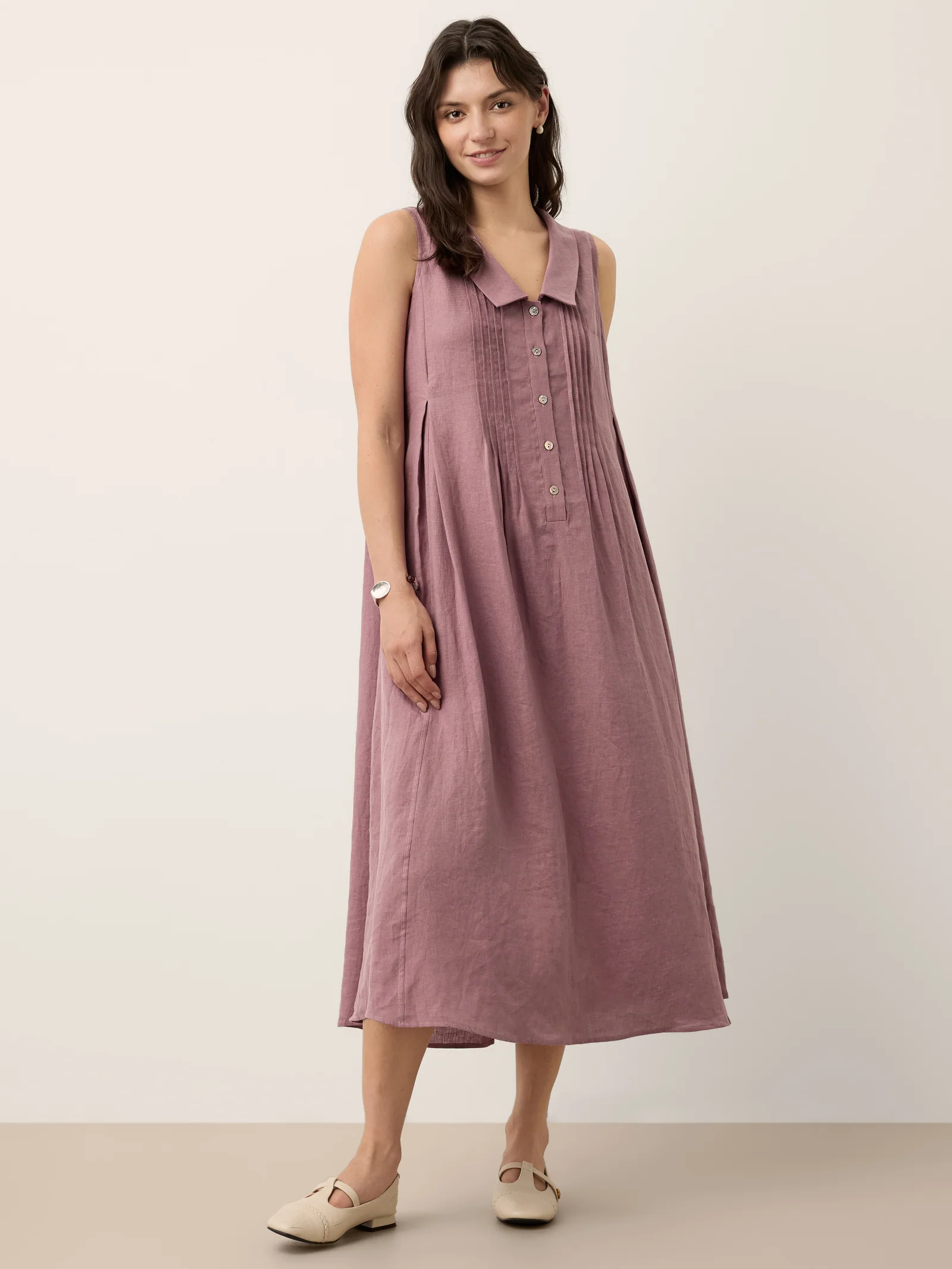 100% Linen Peter Pan Collar Pintuck Midi Dress LIANNA - Image 9