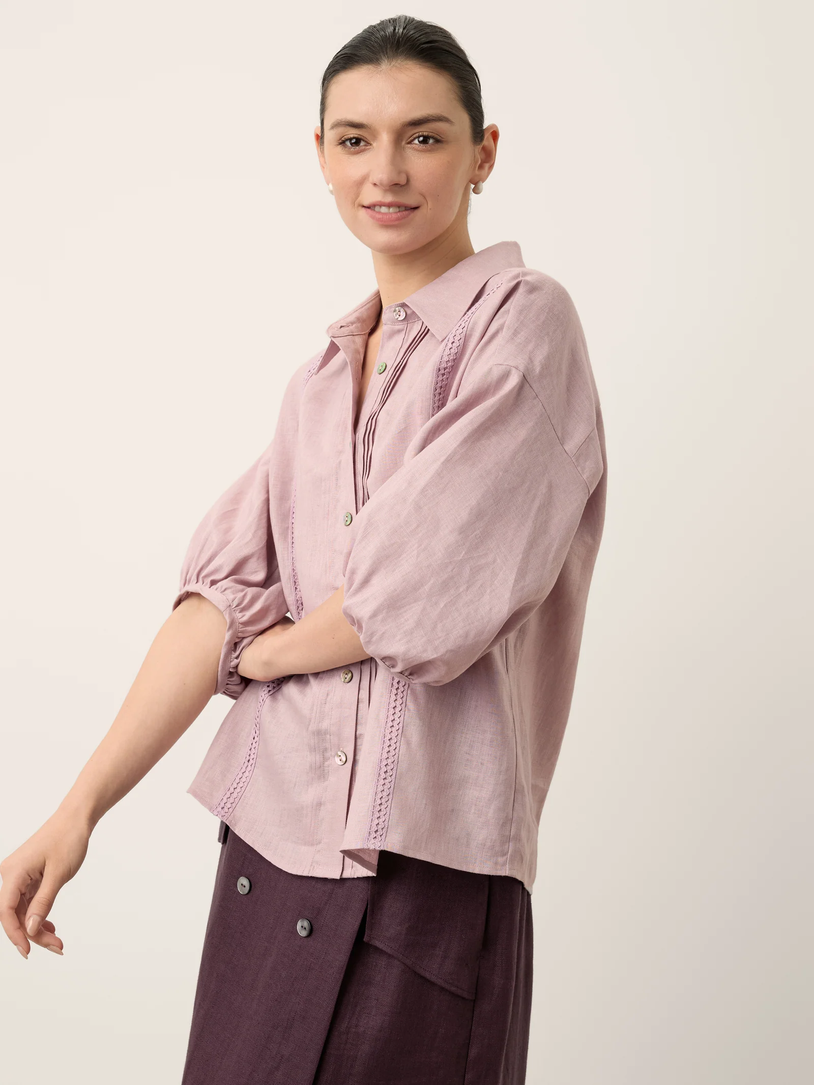 100% Linen Pintuck Lace Inset Shirt MALINA - Image 7