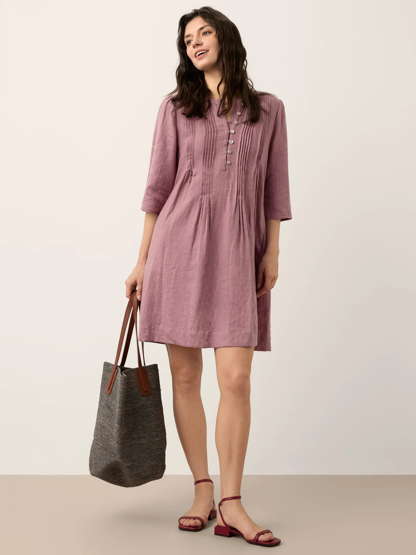100% Linen Pintuck Puff Sleeve Mini Dress - Image 4
