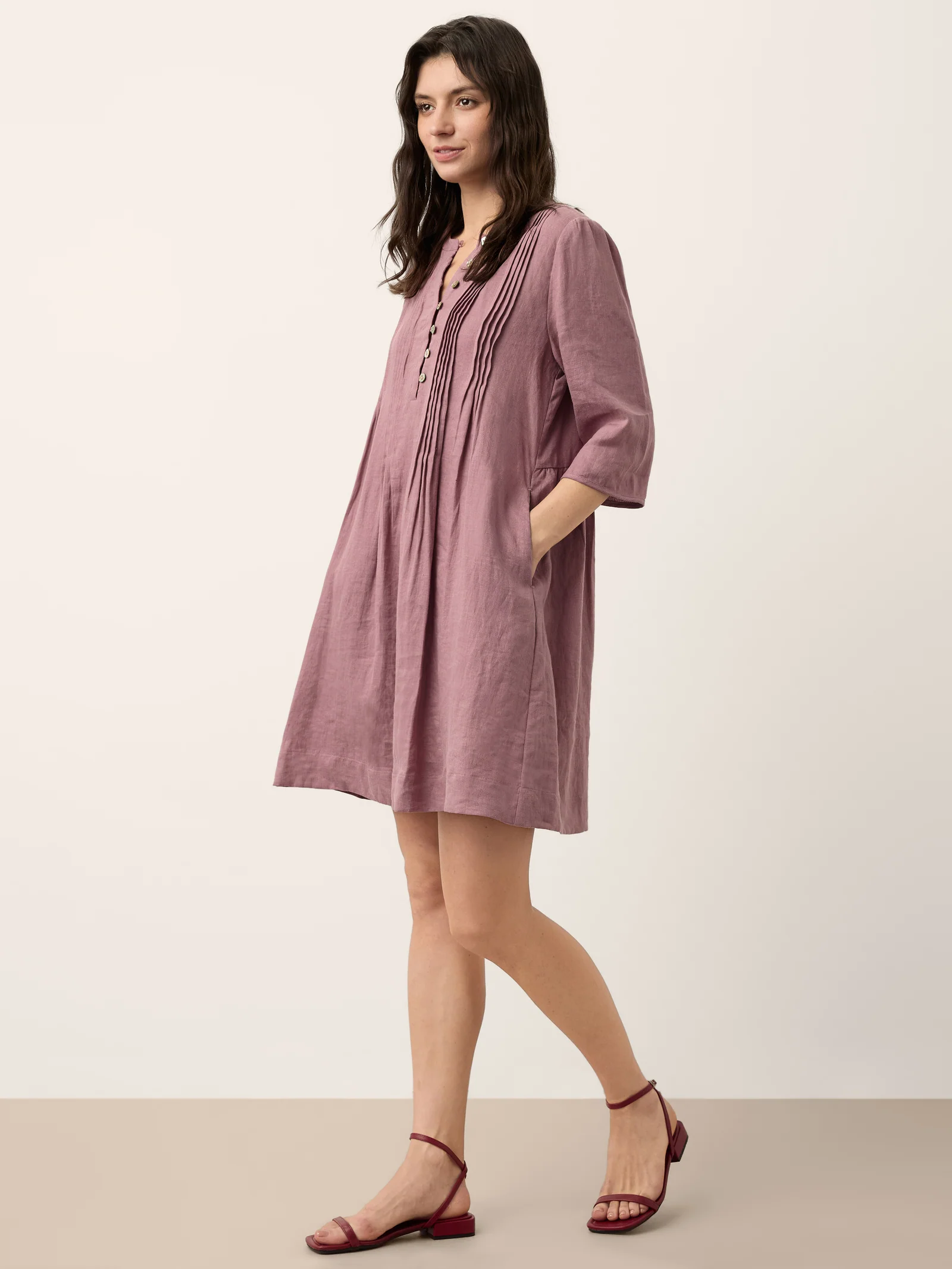 100% Linen Pintuck Puff Sleeve Mini Dress - Image 5