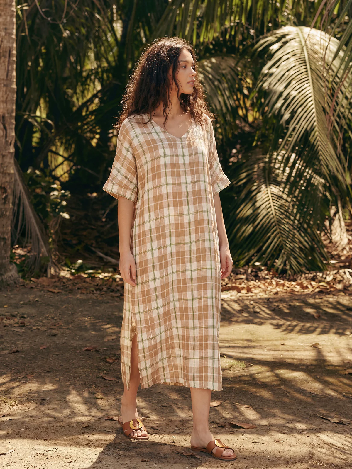 100% Linen Plaid Deep V-Neck Drop Shoulder Side Slit Midi Dress LESLIE - Image 2