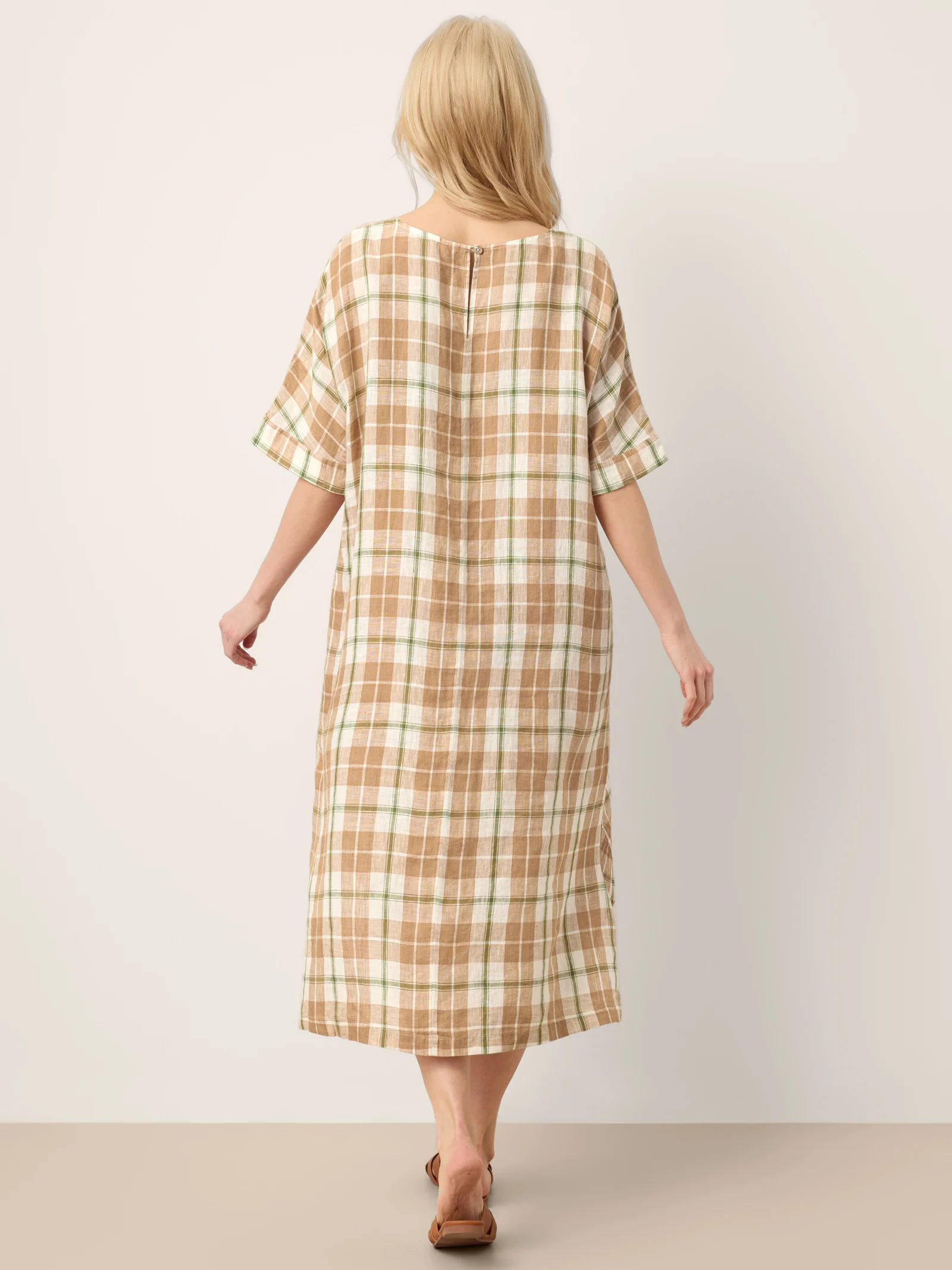 100% Linen Plaid Deep V-Neck Drop Shoulder Side Slit Midi Dress LESLIE - Image 5