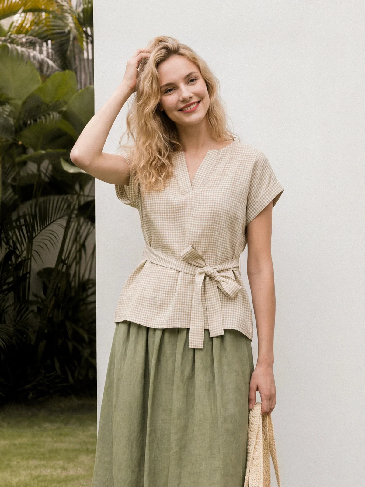 100% Linen Plaid Detachable Tie-Belt Split-Neck Top LEXIE - Image 2