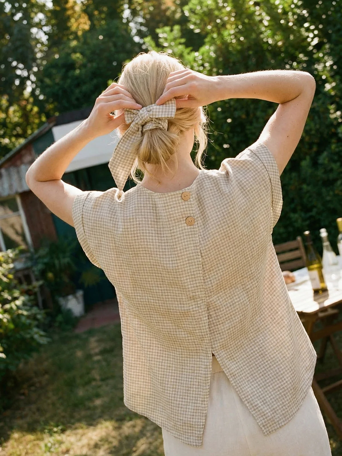100% Linen Plaid Detachable Tie-Belt Split-Neck Top LEXIE - Image 3