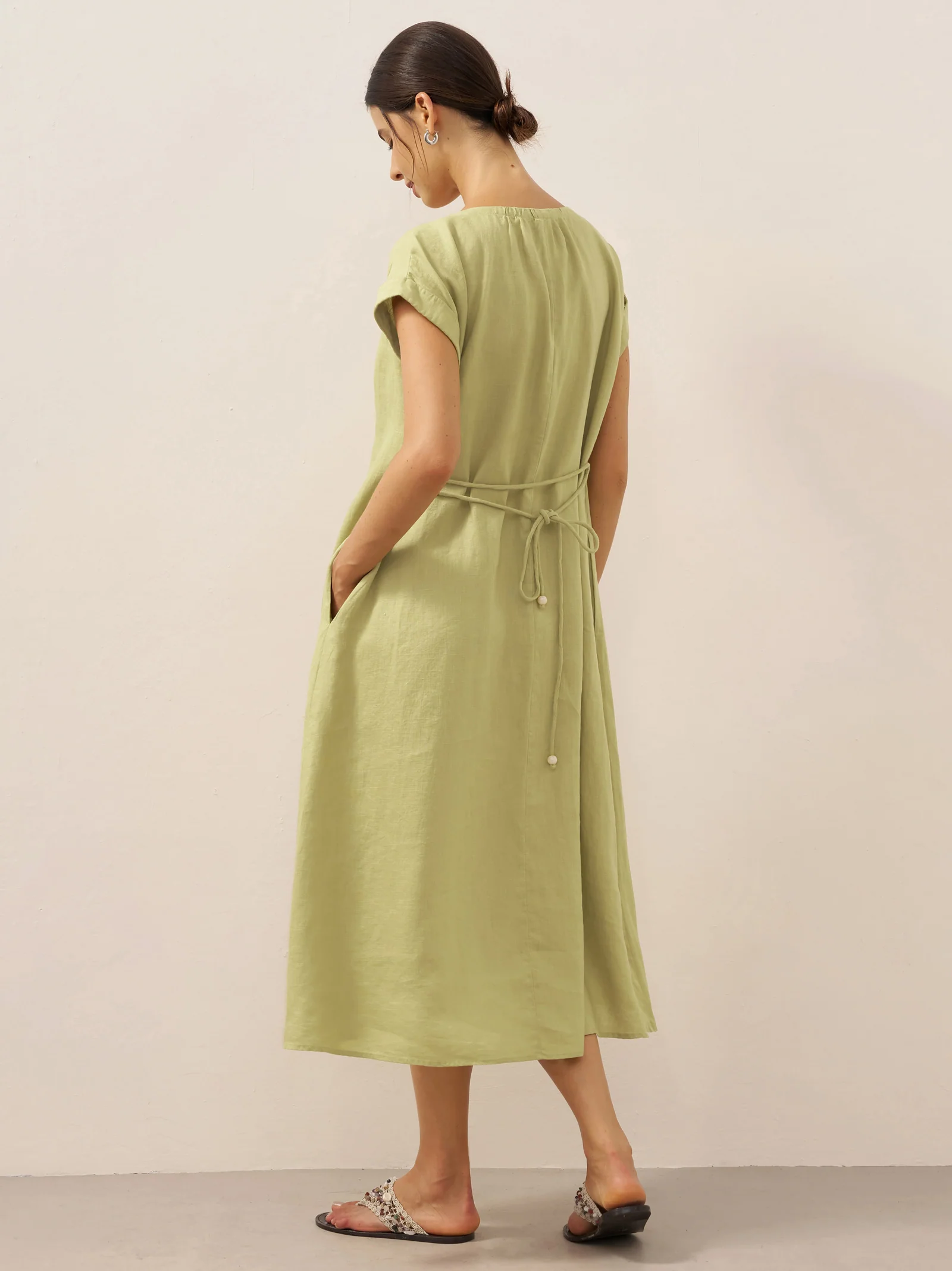 100% Linen Pleated Crew Neck Midi Dress with Detachable Tie Straps MIRA - Image 2