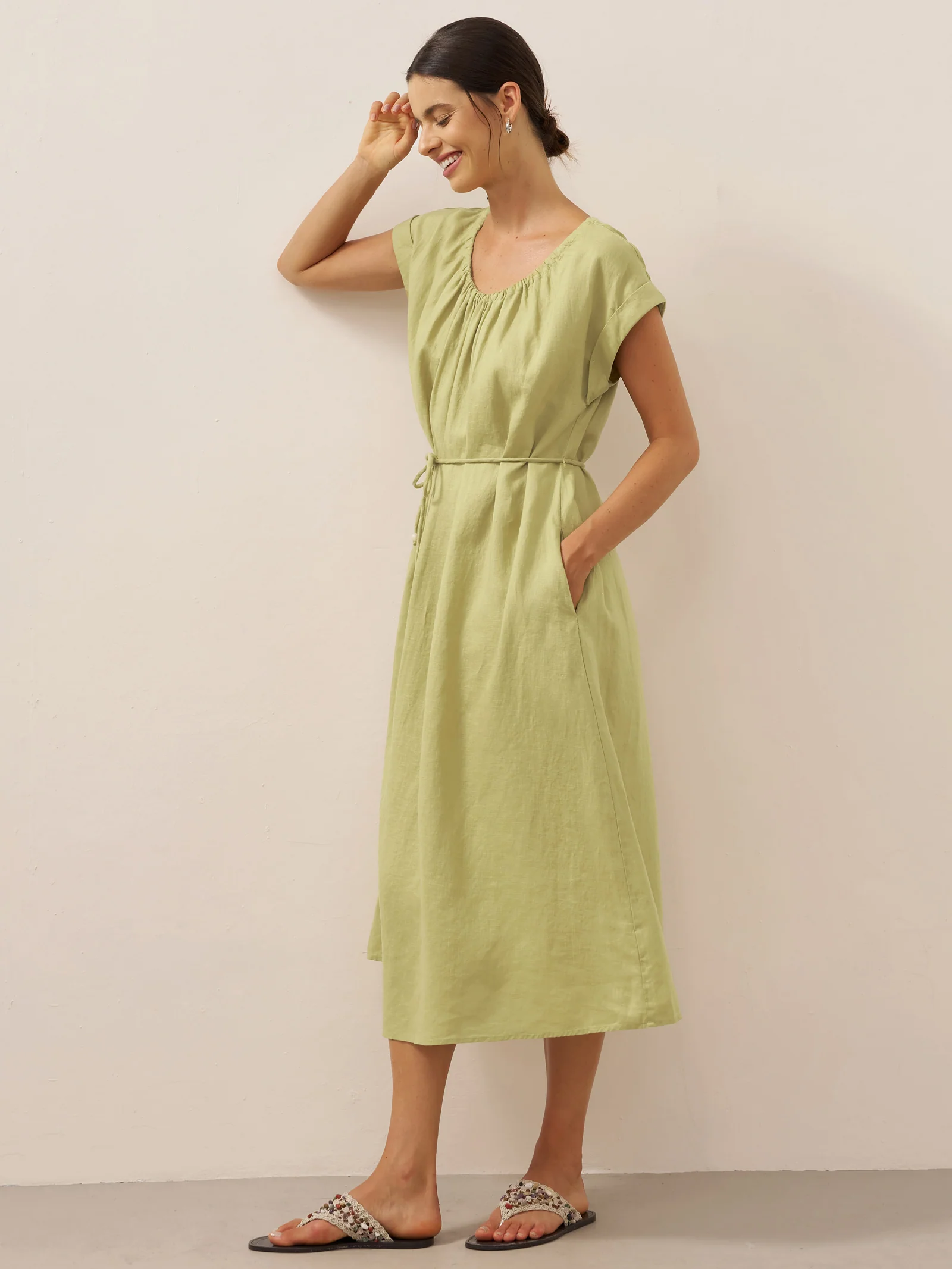 100% Linen Pleated Crew Neck Midi Dress with Detachable Tie Straps MIRA - Image 7