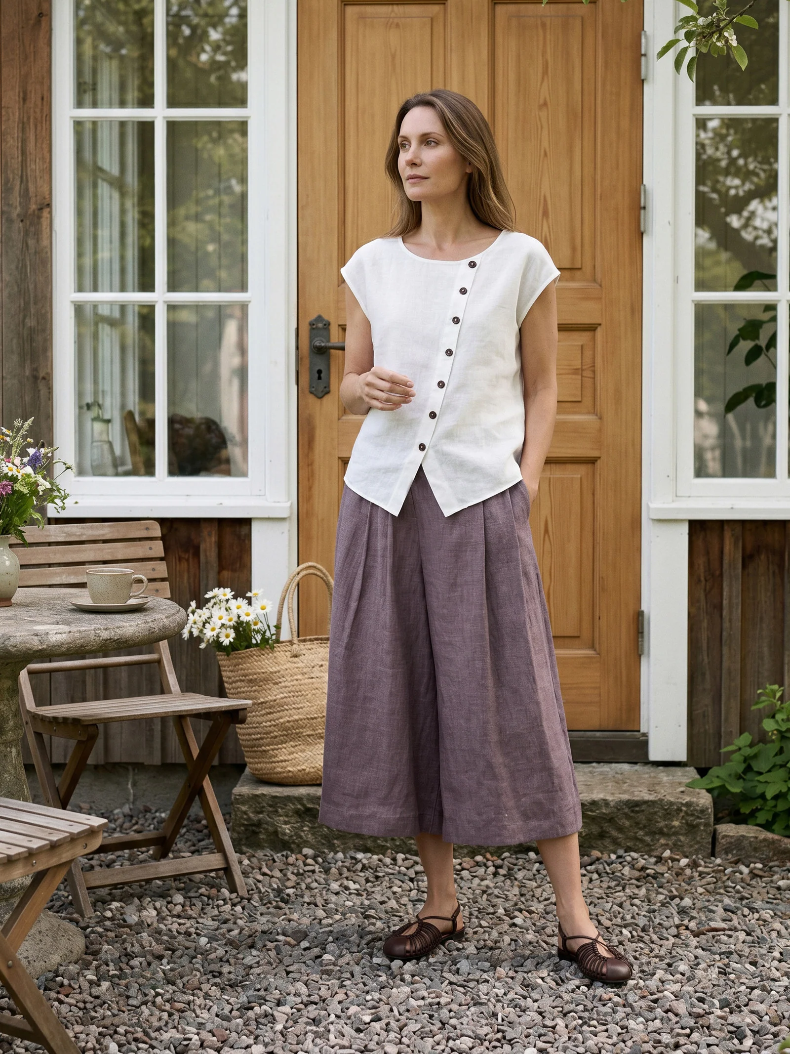 100% Linen Pleated Elastic Waist Cropped Wide Leg Pants HALCYON - Image 3