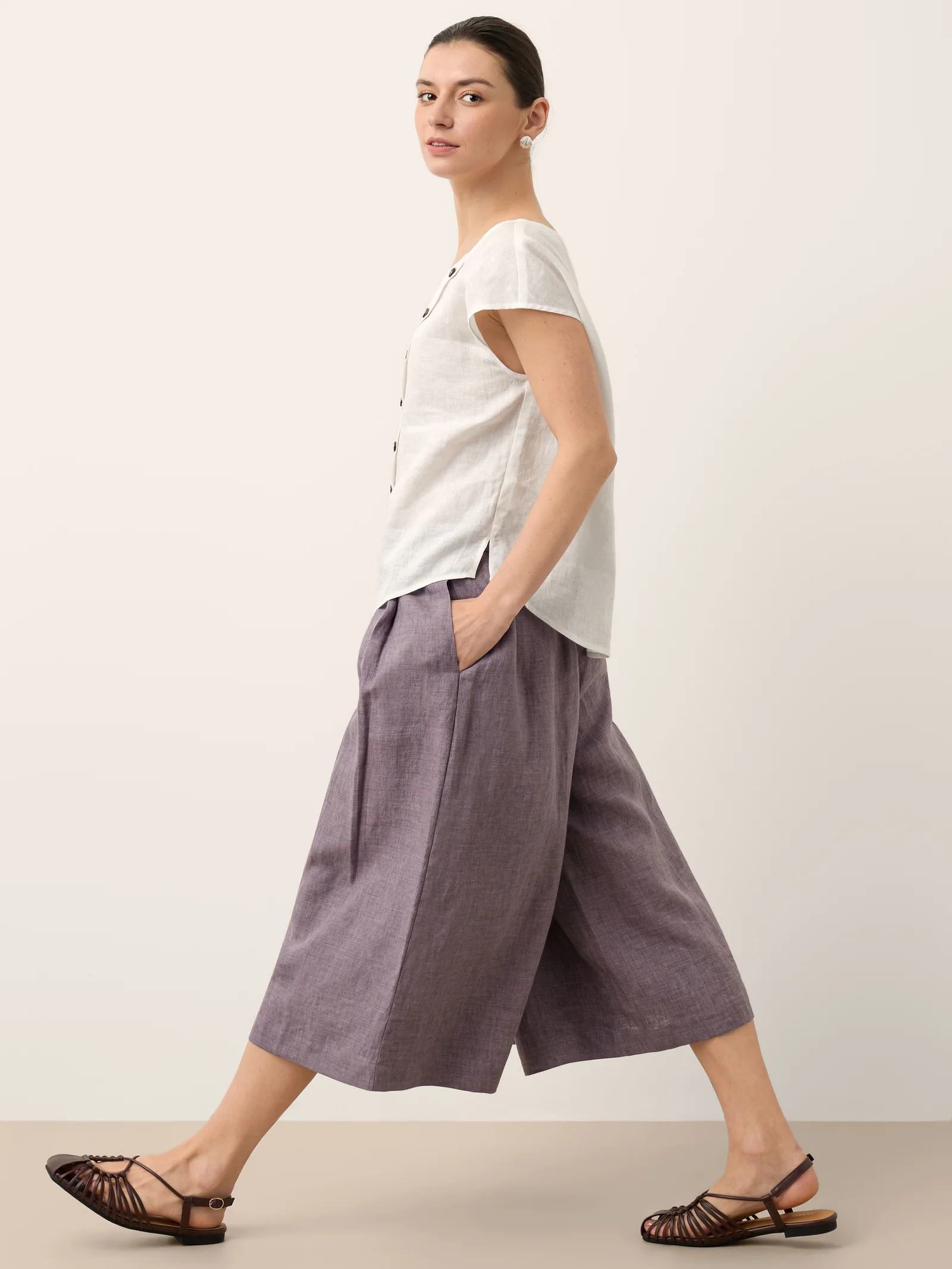 100% Linen Pleated Elastic Waist Cropped Wide Leg Pants HALCYON - Image 8