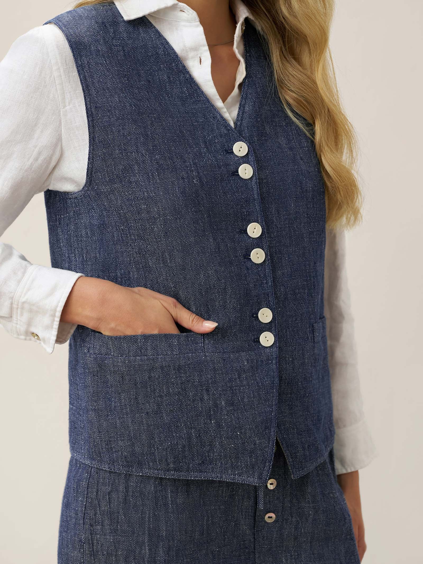 100% Linen Reversible Denim Texture Button Front Vest HARPER - Image 3