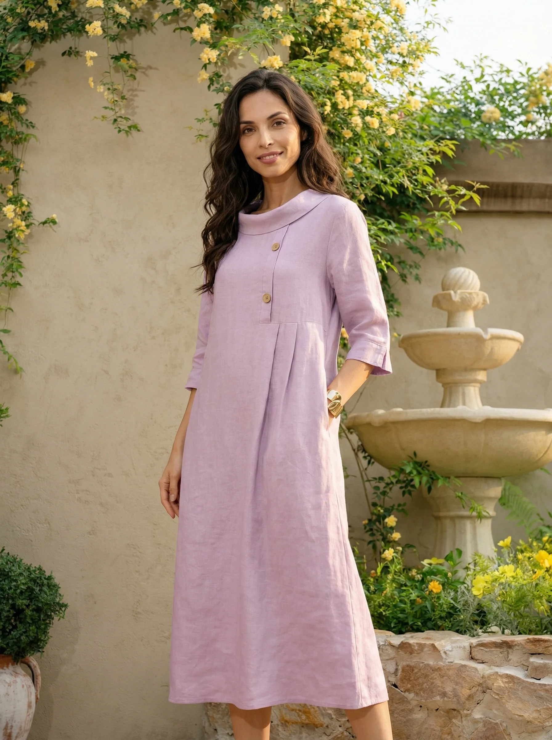 100% Linen Rolled Collar Asymmetric Button Midi Dress ELARAINE - Image 10