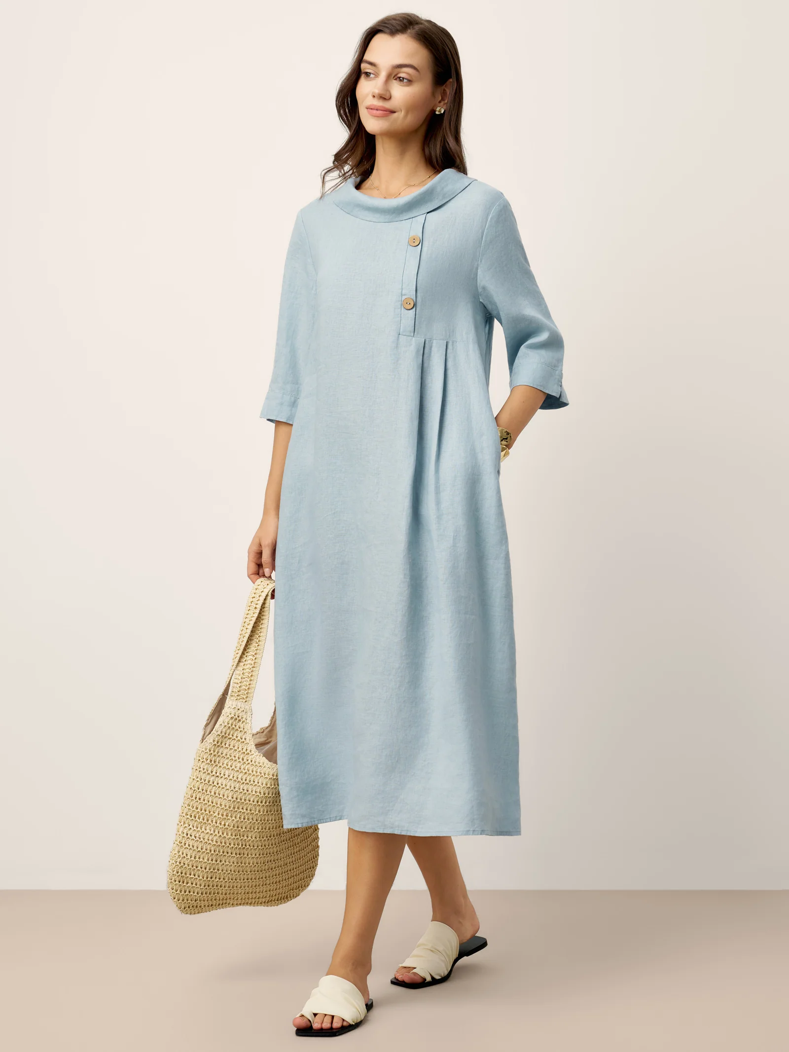100% Linen Rolled Collar Asymmetric Button Midi Dress ELARAINE - Image 5
