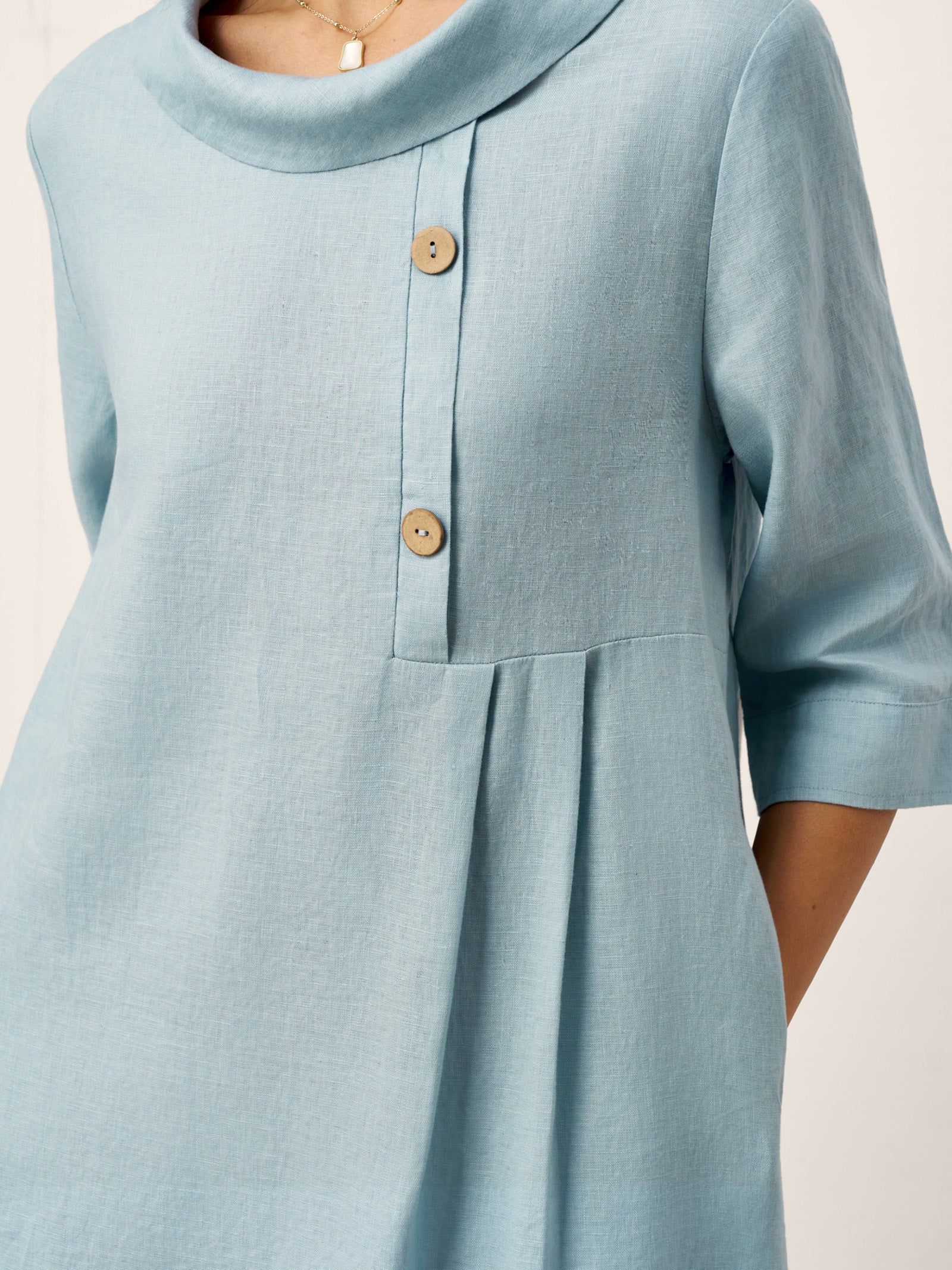 100% Linen Rolled Collar Asymmetric Button Midi Dress ELARAINE - Image 8