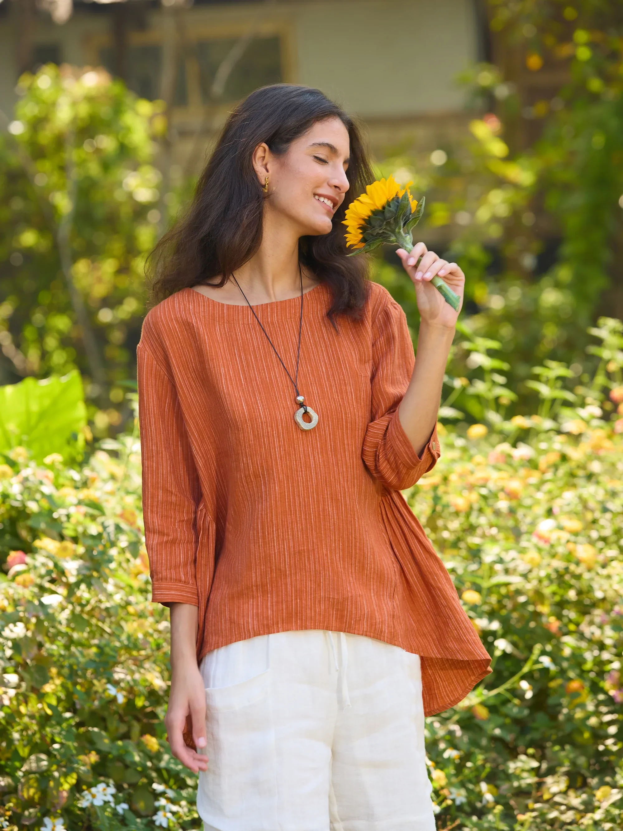 100% Linen Round Neck Artistic Stripe Top FLORENCE - Image 10