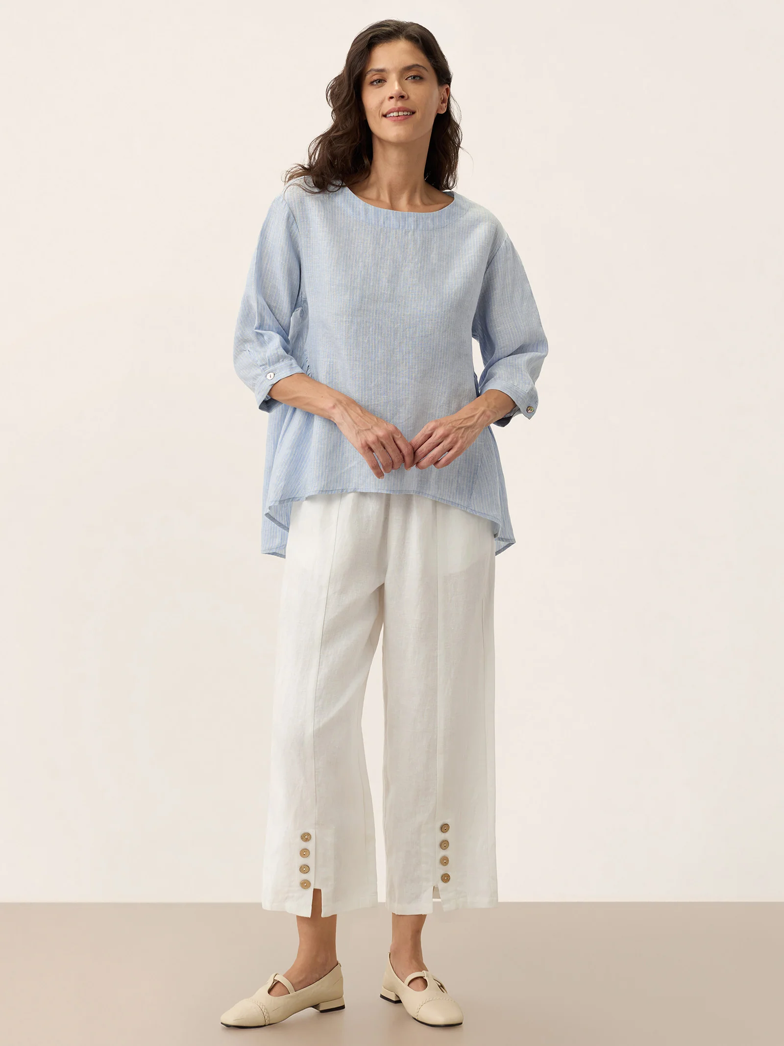 100% Linen Round Neck Artistic Stripe Top FLORENCE - Image 28