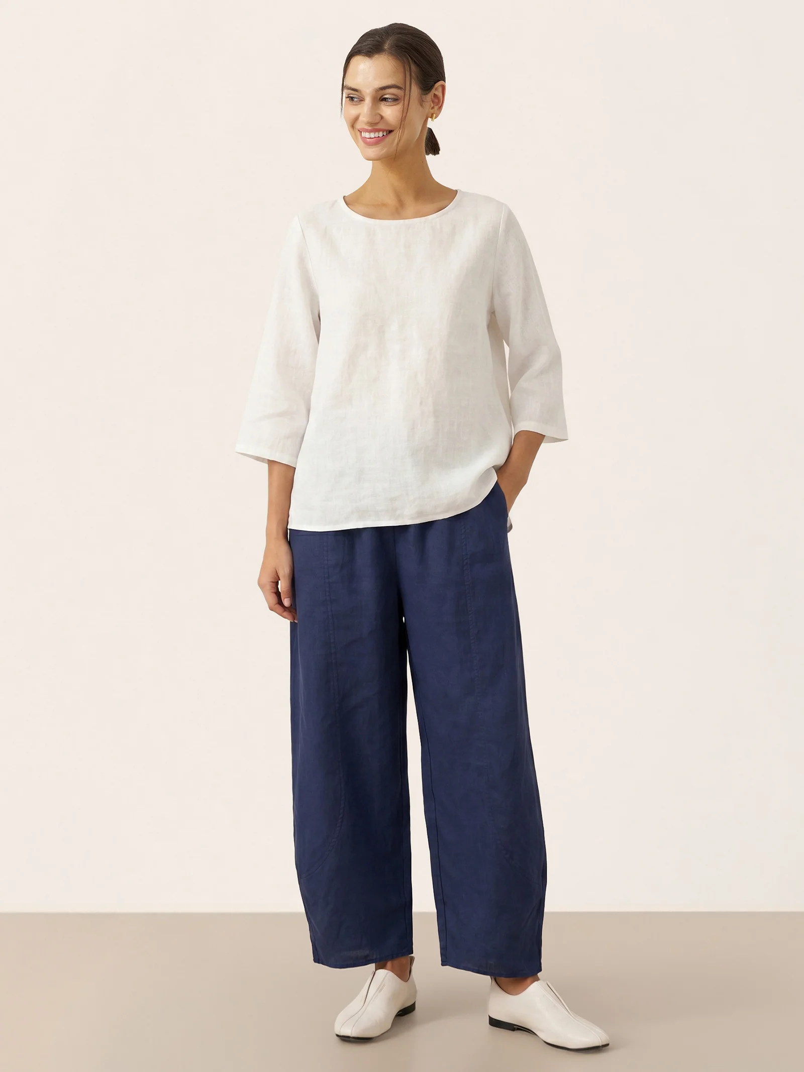 100% Linen Round Neck Asymmetrical Hem Top BRIANNA - Image 37