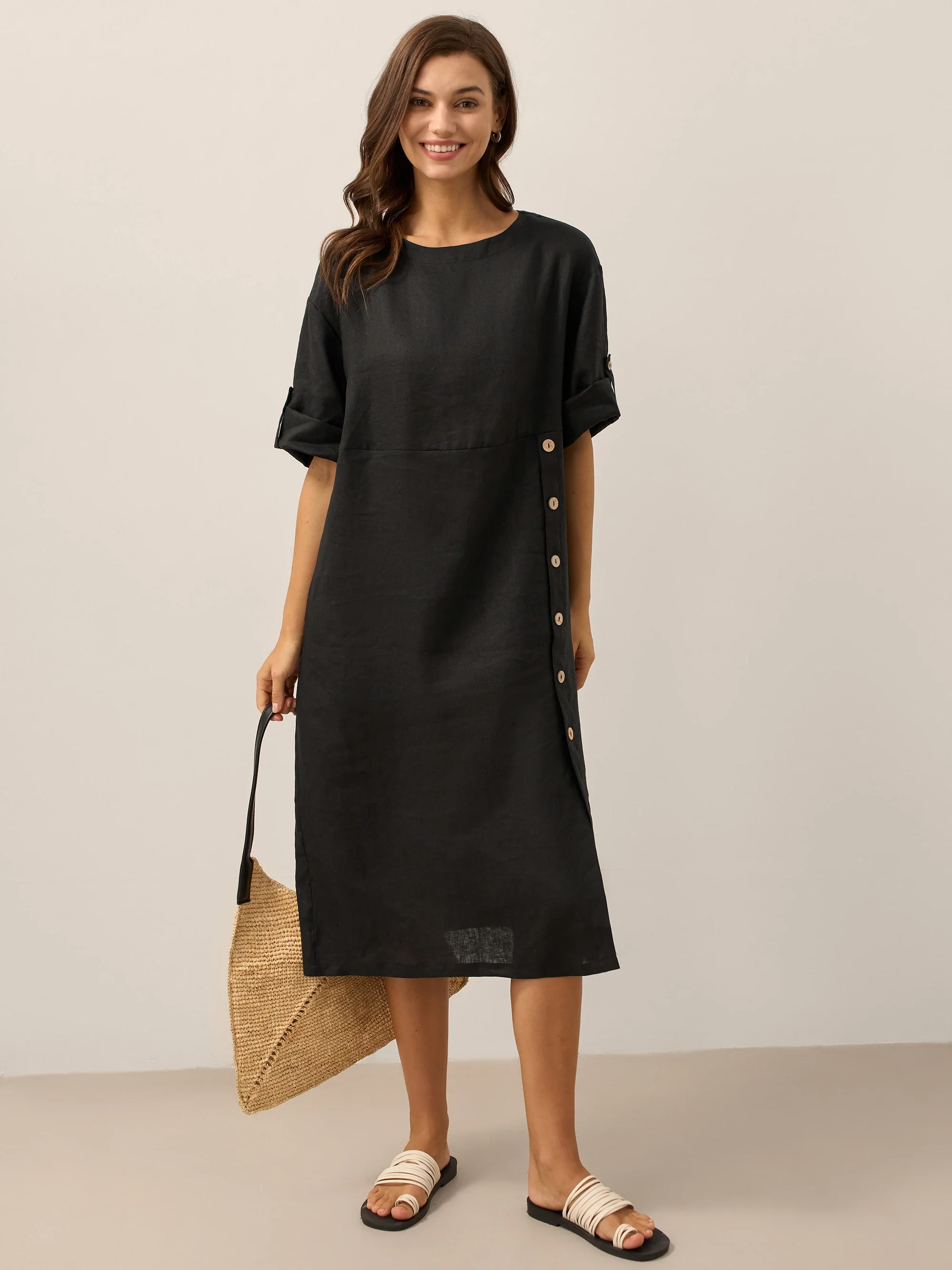 100% Linen Round Neck Button Detail Midi Dress JELENA - Image 13