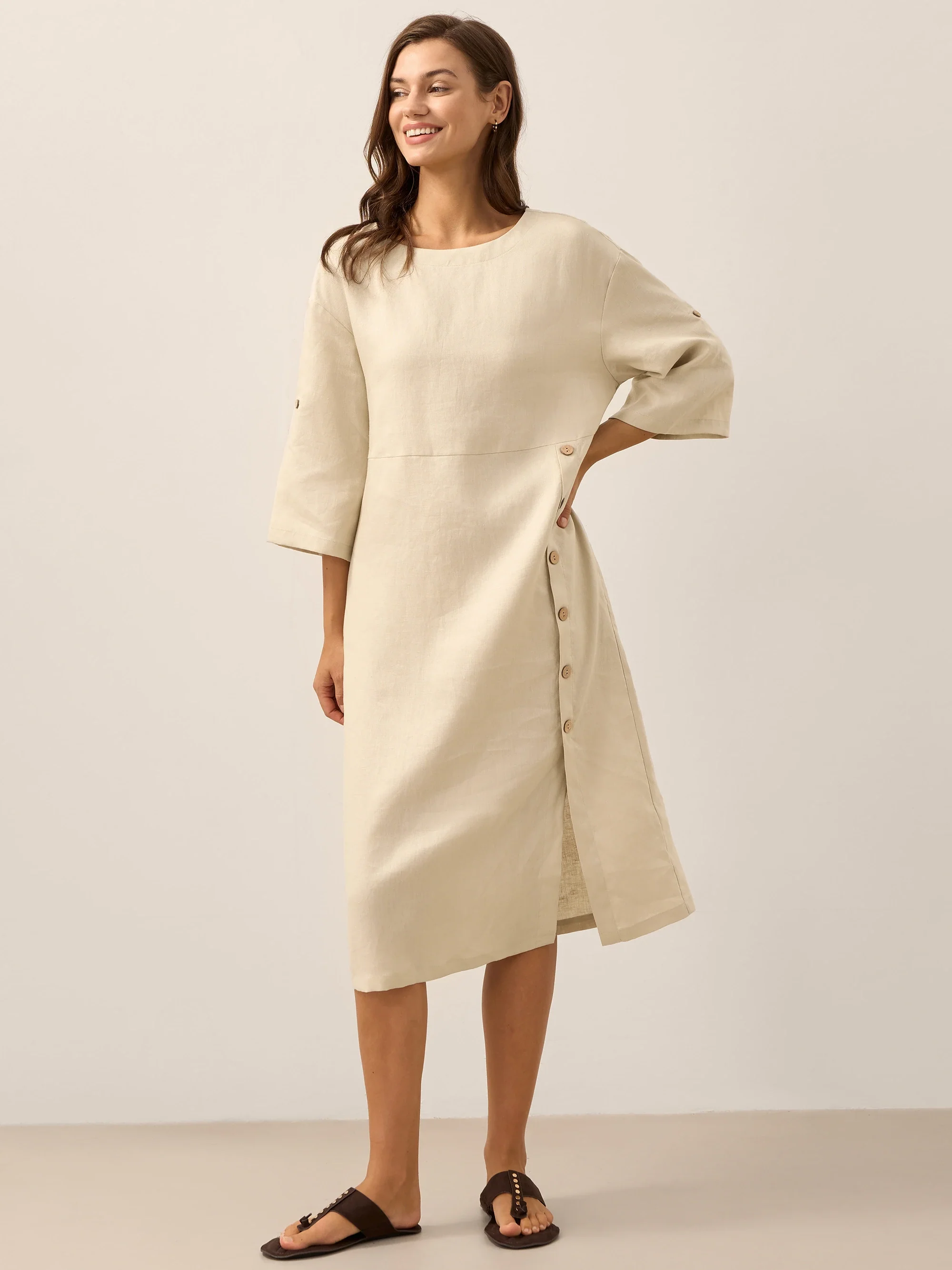 100% Linen Round Neck Button Detail Midi Dress JELENA - Image 22