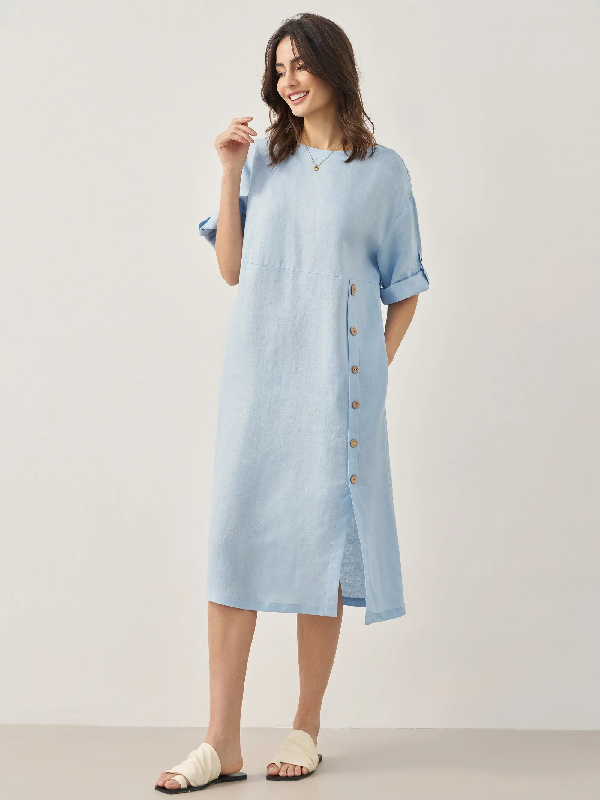 100% Linen Round Neck Button Detail Midi Dress JELENA - Image 4
