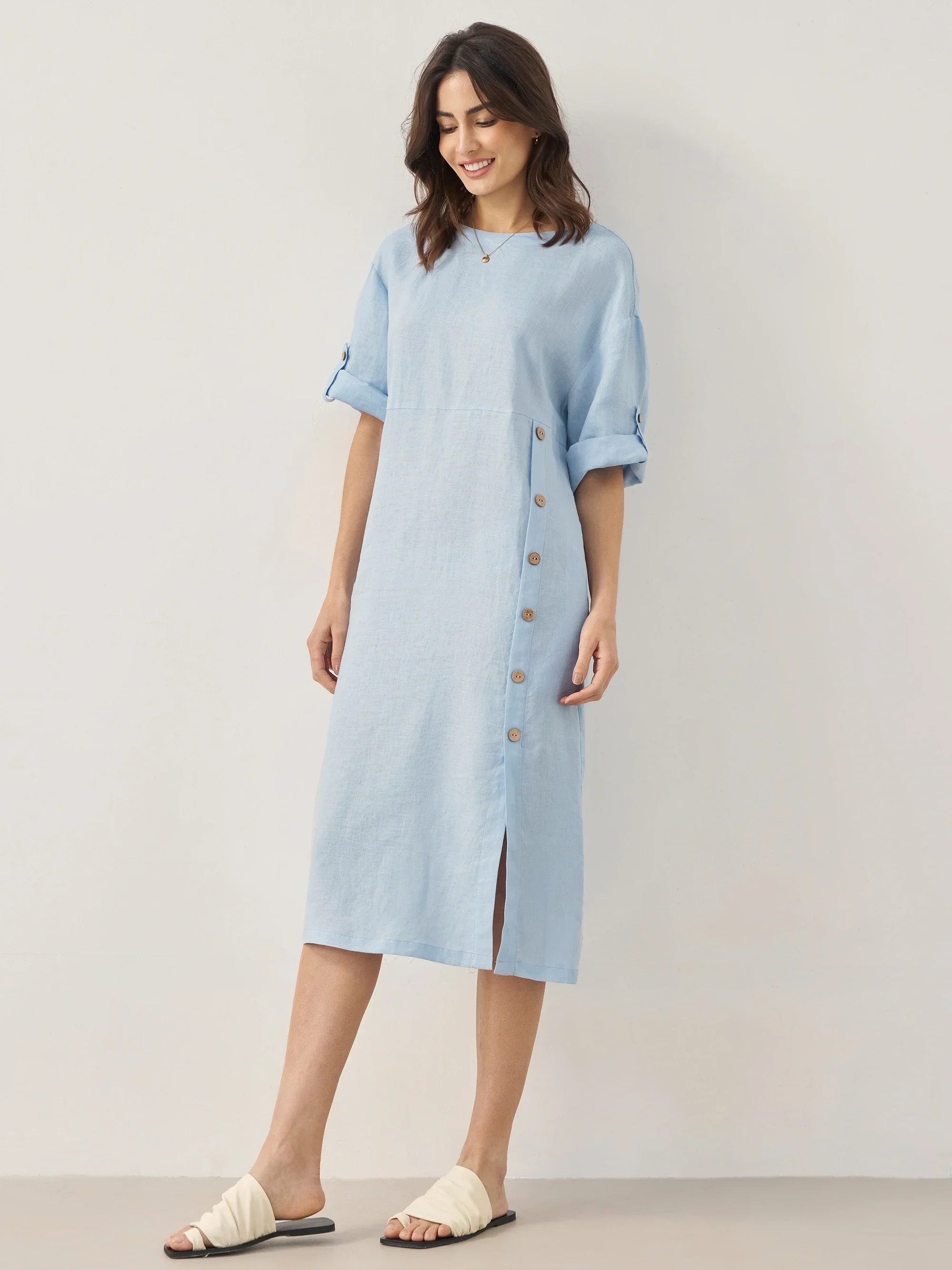 100% Linen Round Neck Button Detail Midi Dress JELENA - Image 9