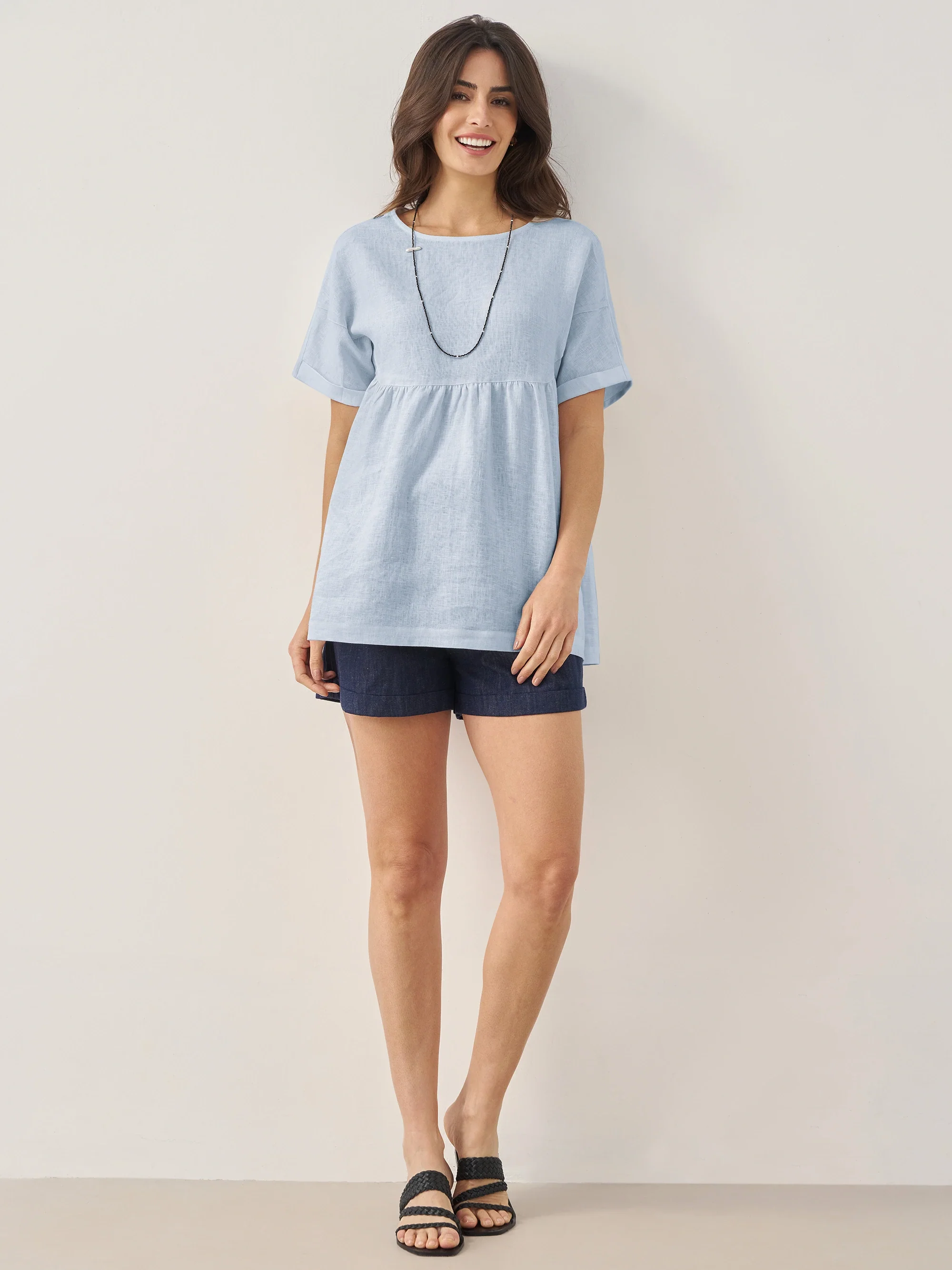 100% Linen Round Neck Pleated Pullover Top QUINLAN - Image 11