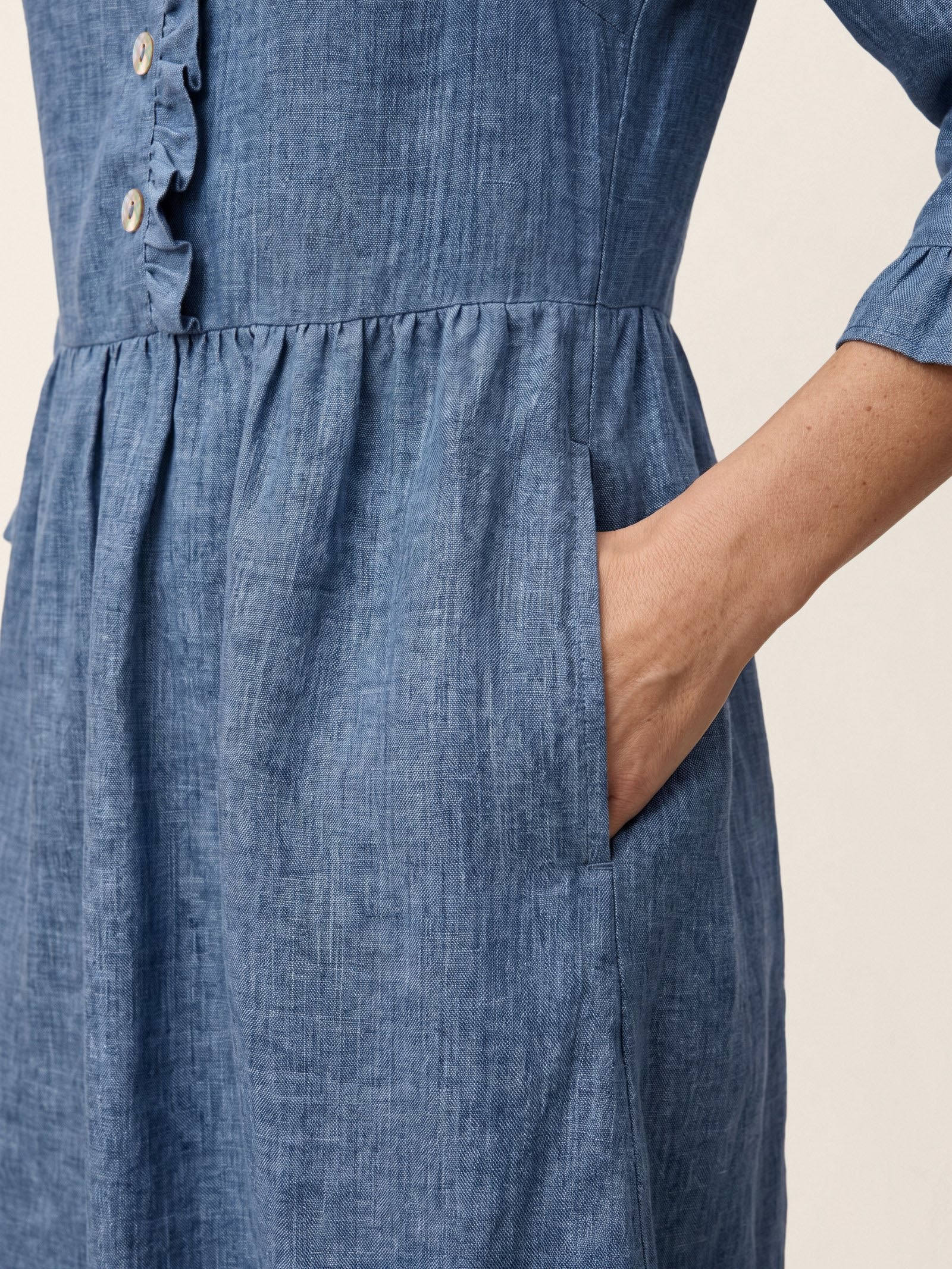 100% Linen Ruffle Placket A Line Midi Dress SAMARA - Image 6