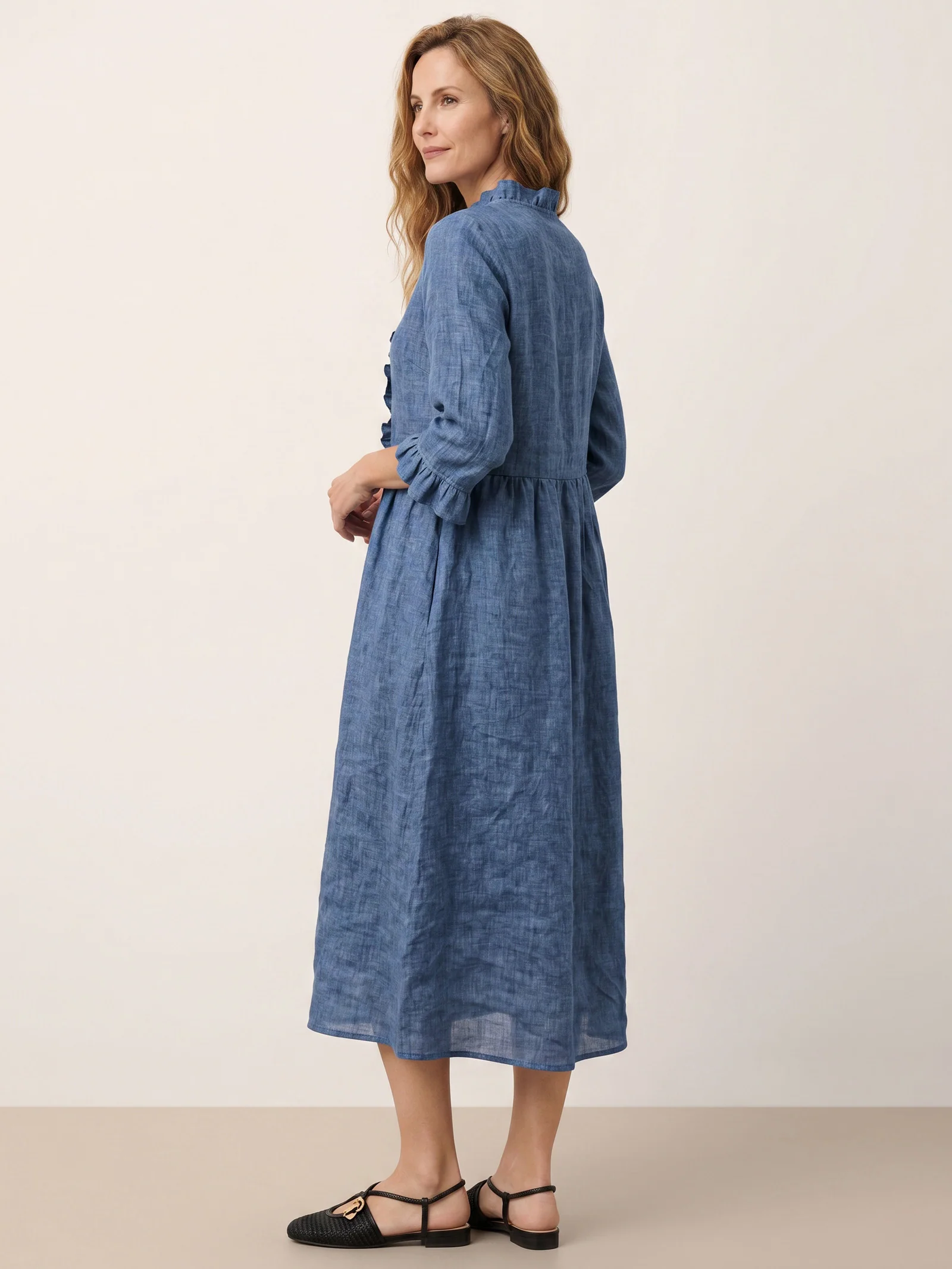 100% Linen Ruffle Placket A Line Midi Dress SAMARA - Image 7