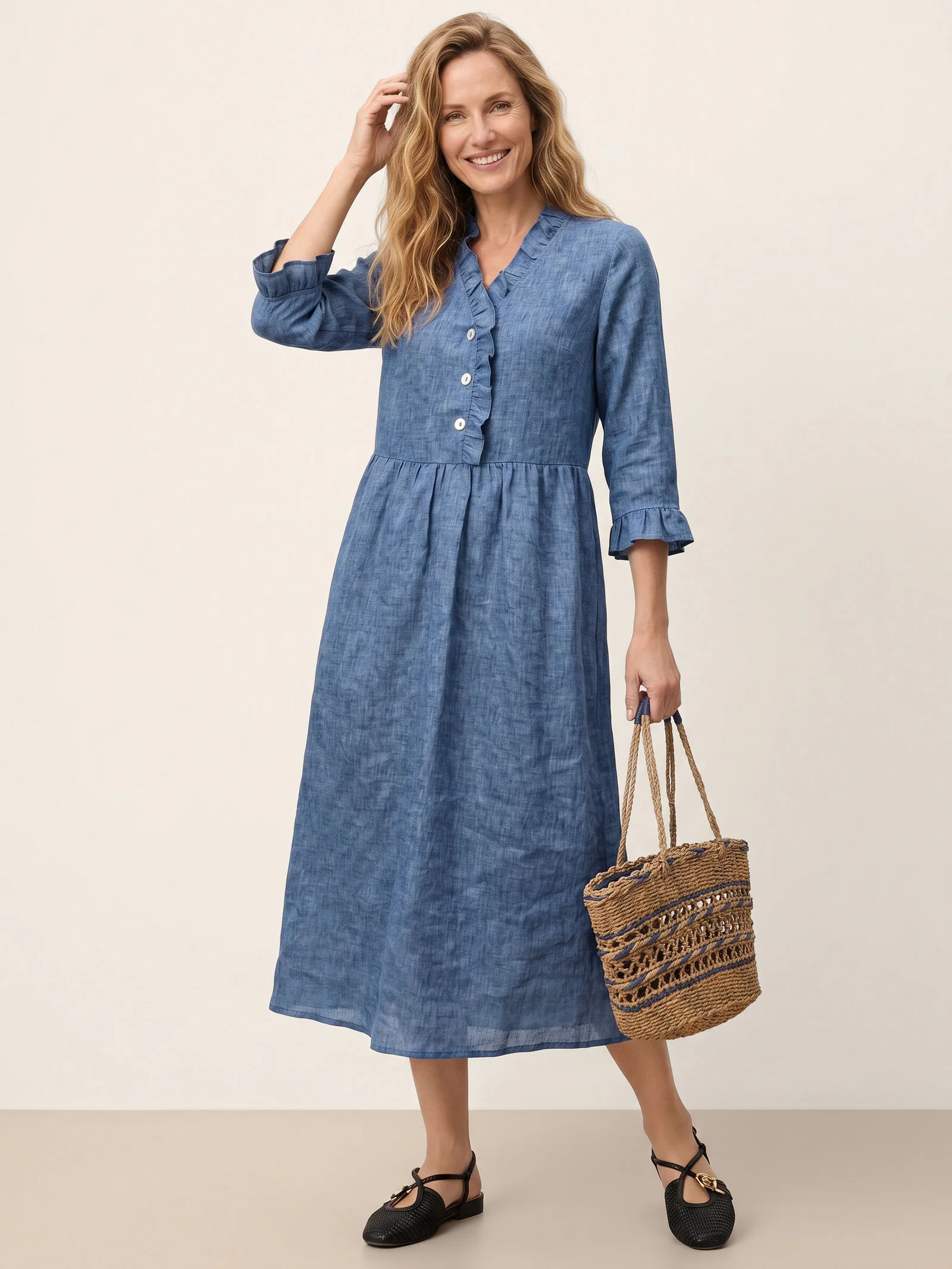 100% Linen Ruffle Placket A Line Midi Dress SAMARA - Image 8