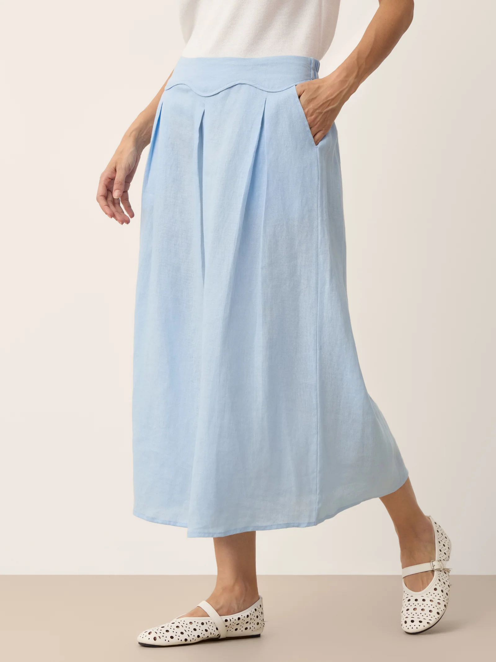 100% Linen Scalloped Waist Elasticated Back A-Line Skirt BRISEIS - Image 4