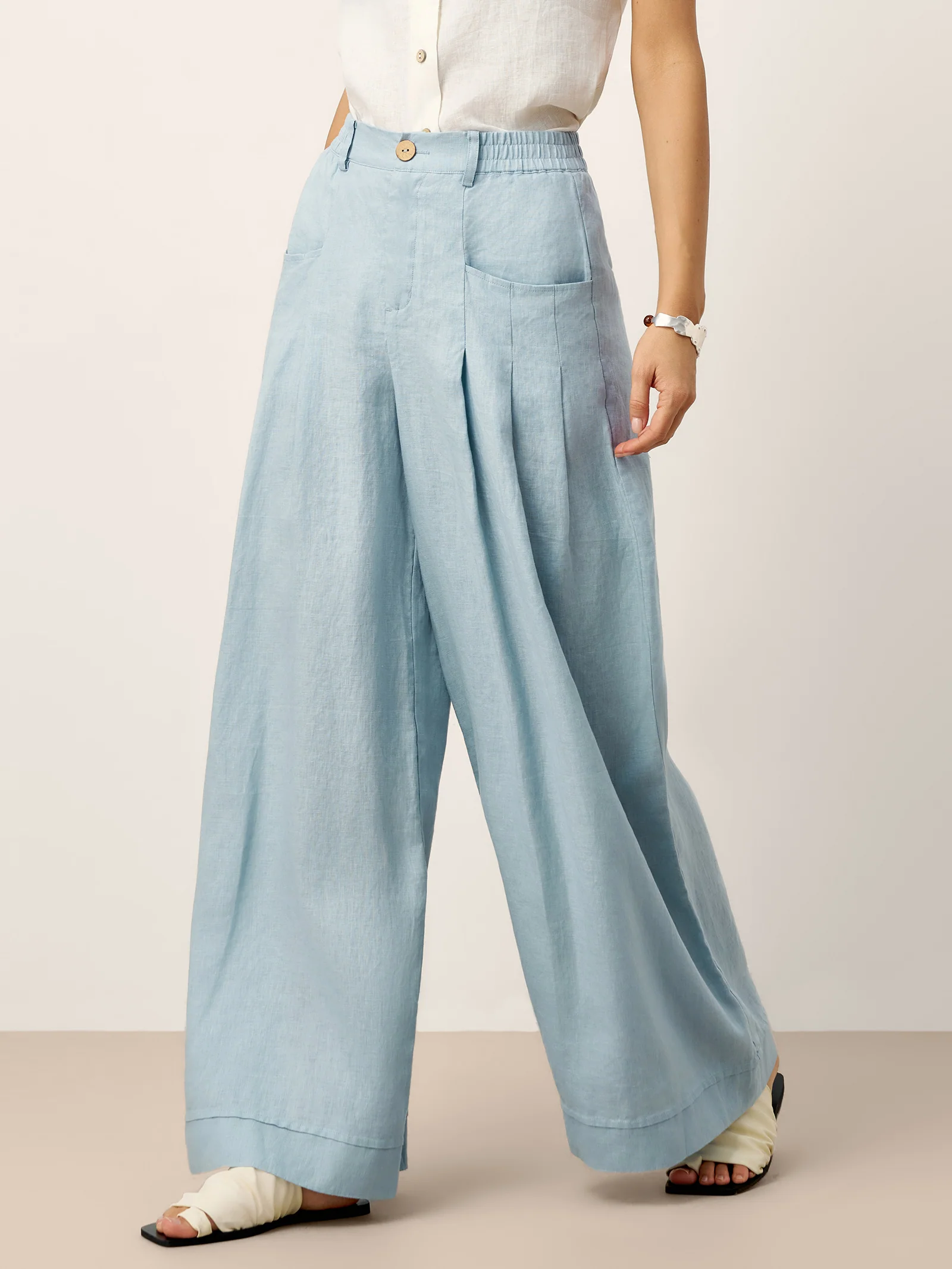 100% Linen Sculpted Pleat Elasticated Back Relaxed Pants VERIDIANA - Image 11