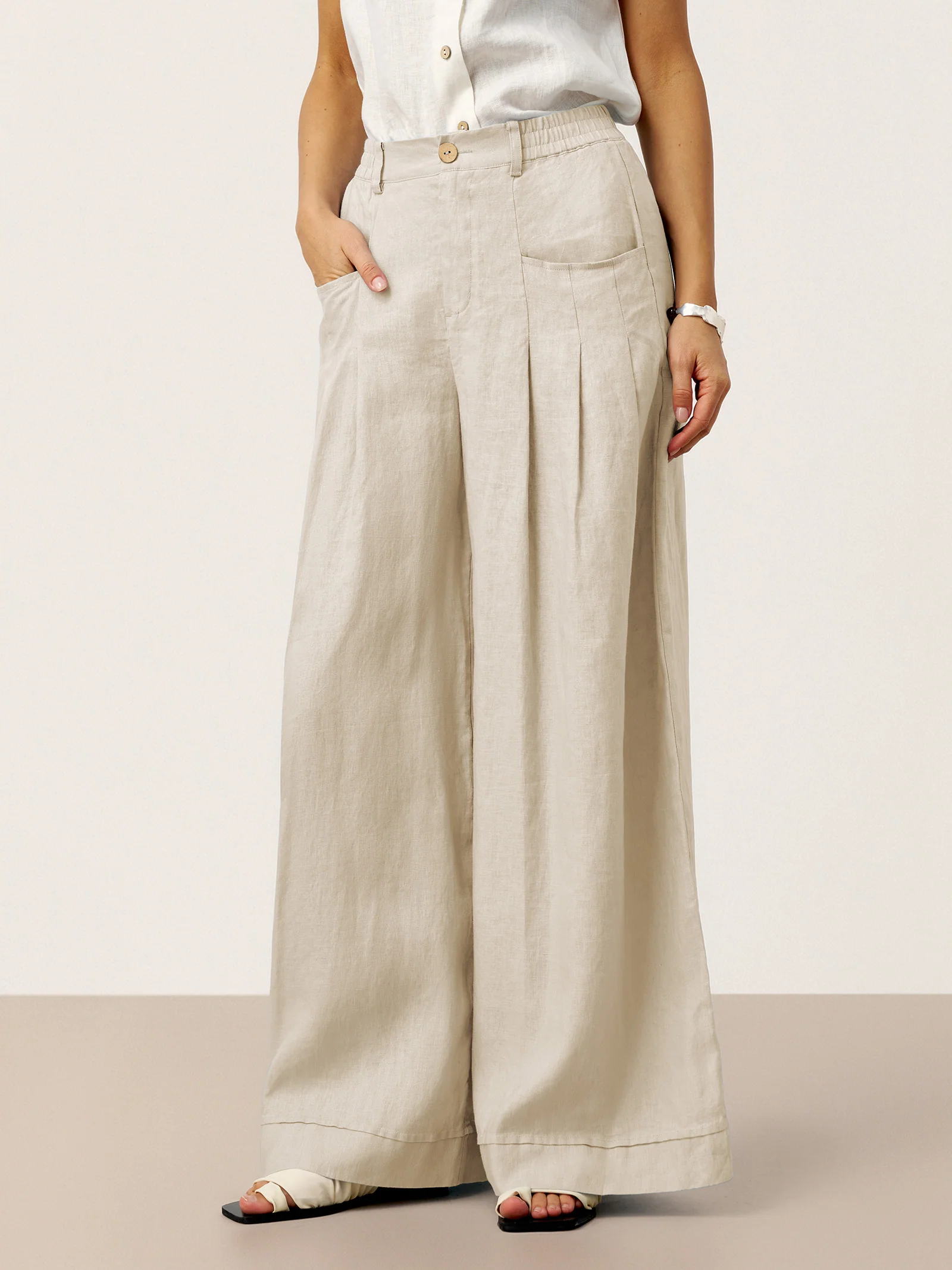 100% Linen Sculpted Pleat Elasticated Back Relaxed Pants VERIDIANA - Image 16