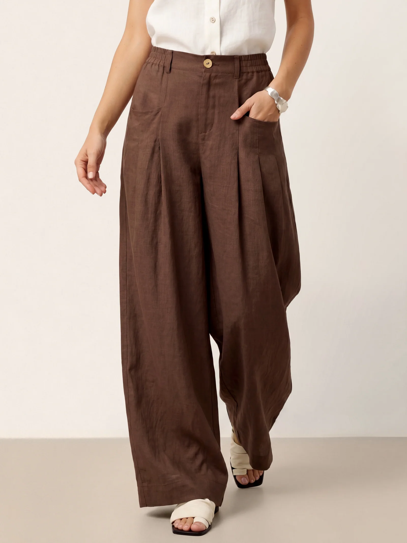 100% Linen Sculpted Pleat Elasticated Back Relaxed Pants VERIDIANA - Image 25