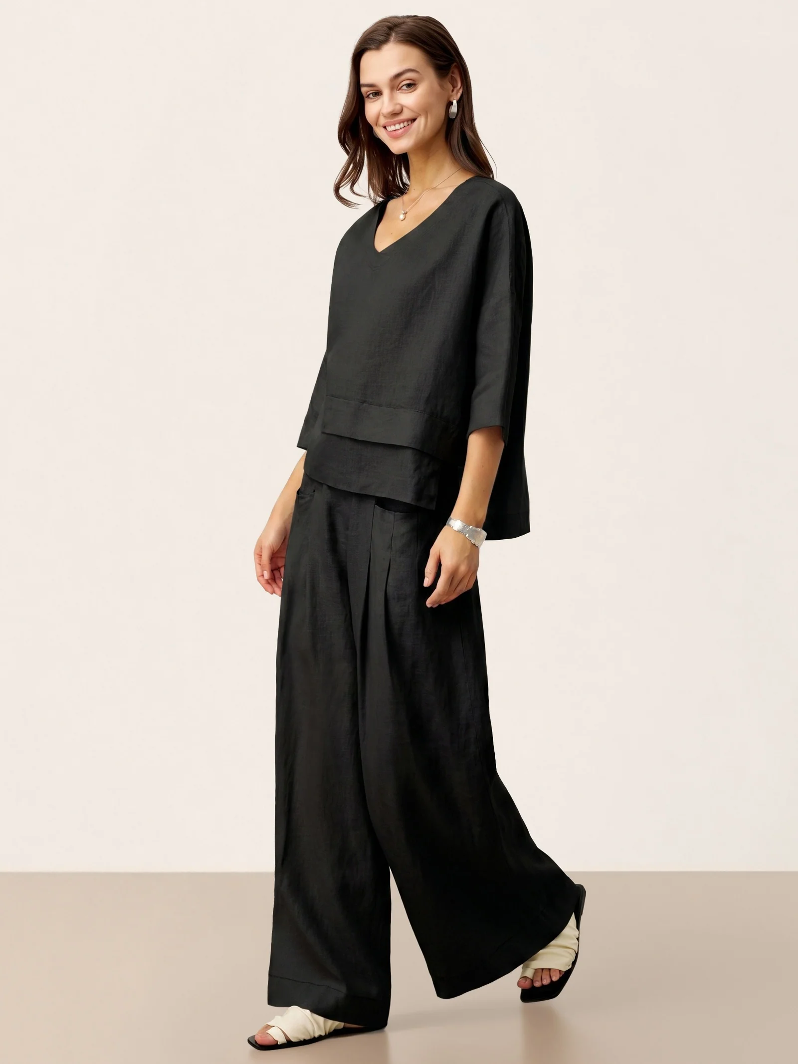 100% Linen Sculpted Pleat Elasticated Back Relaxed Pants VERIDIANA - Image 36