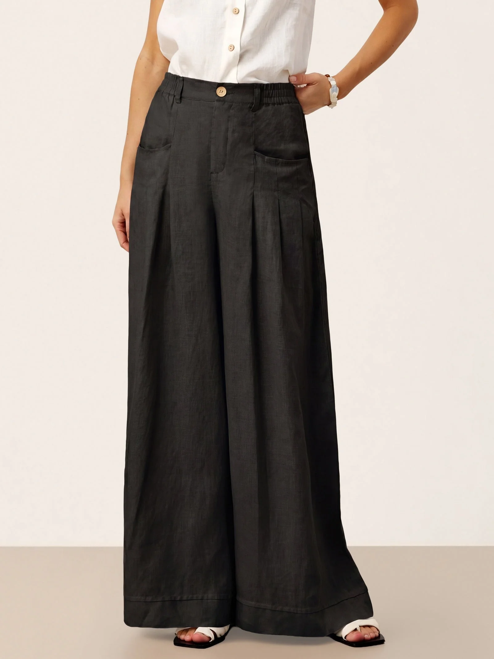 100% Linen Sculpted Pleat Elasticated Back Relaxed Pants VERIDIANA - Image 29