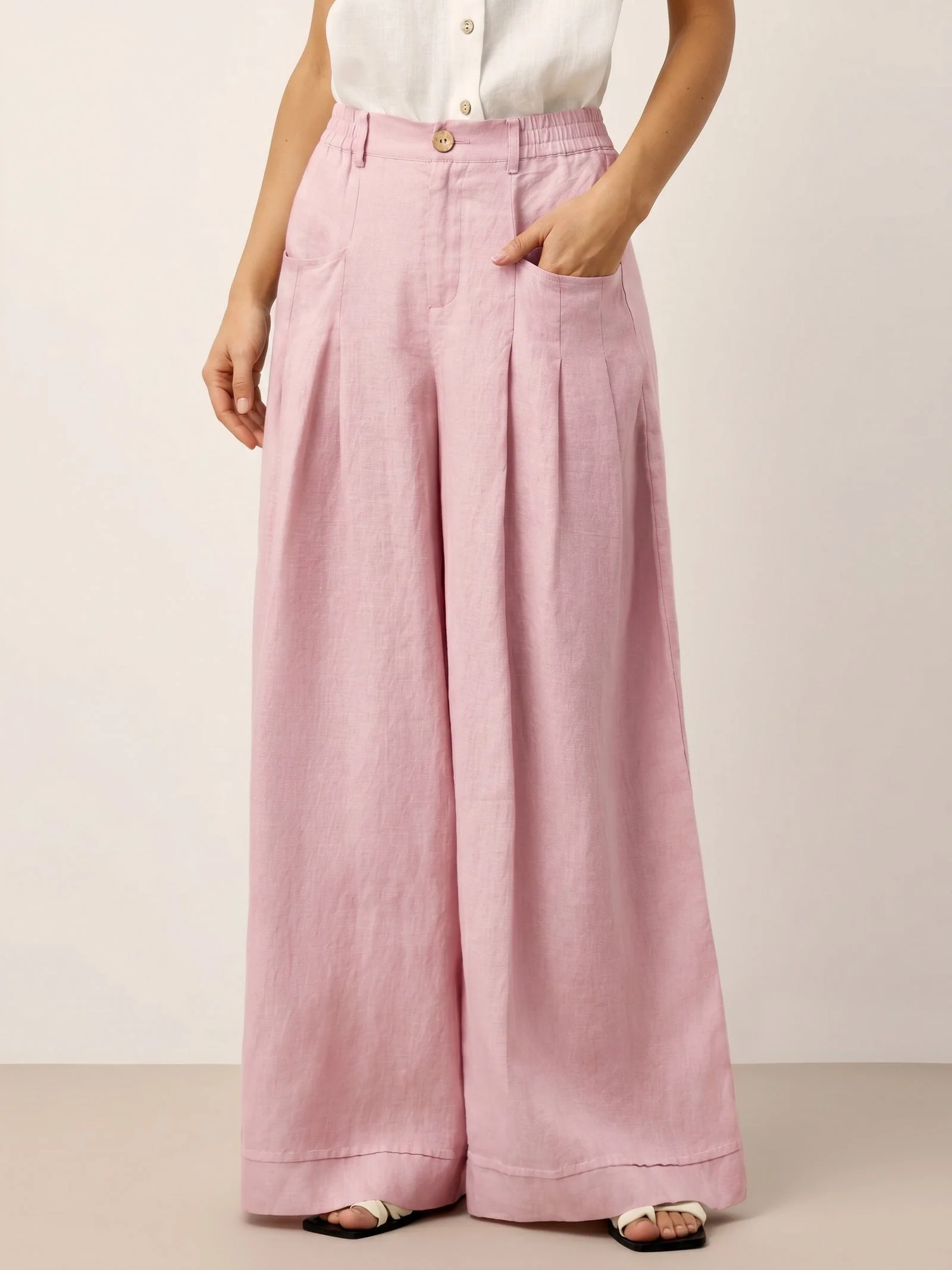 100% Linen Sculpted Pleat Elasticated Back Relaxed Pants VERIDIANA - Image 37