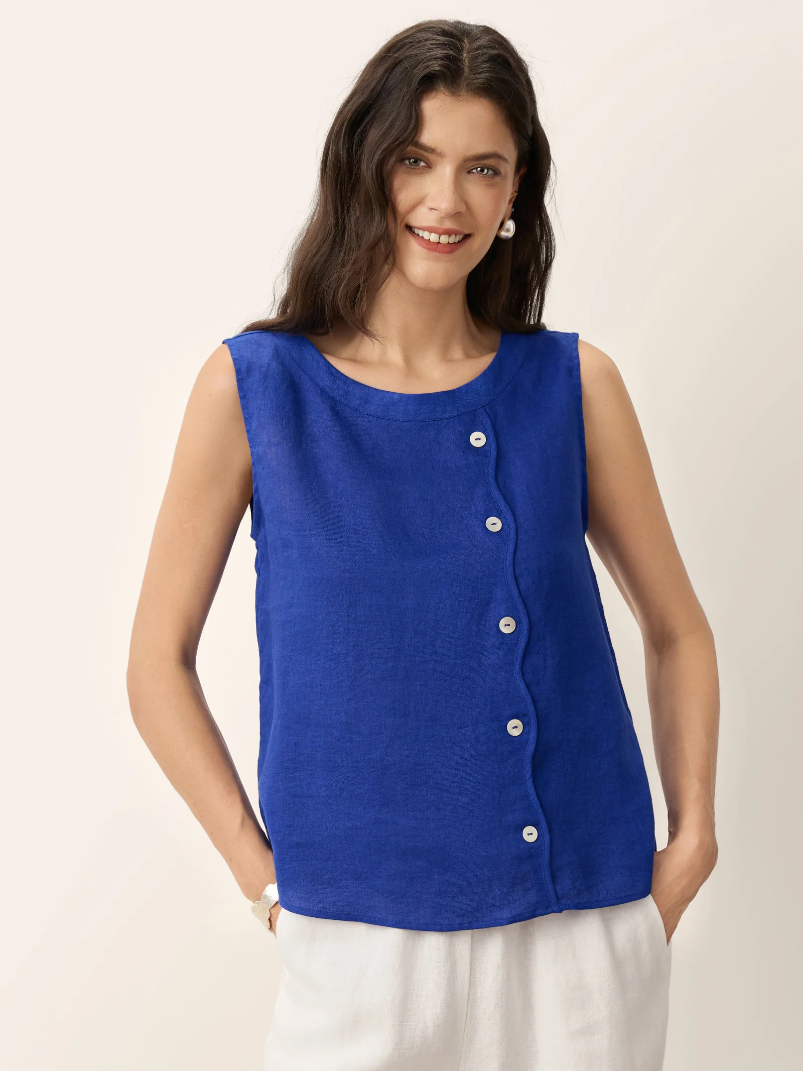 100% Linen Shell Button Detail Sleeveless Top GALATEA