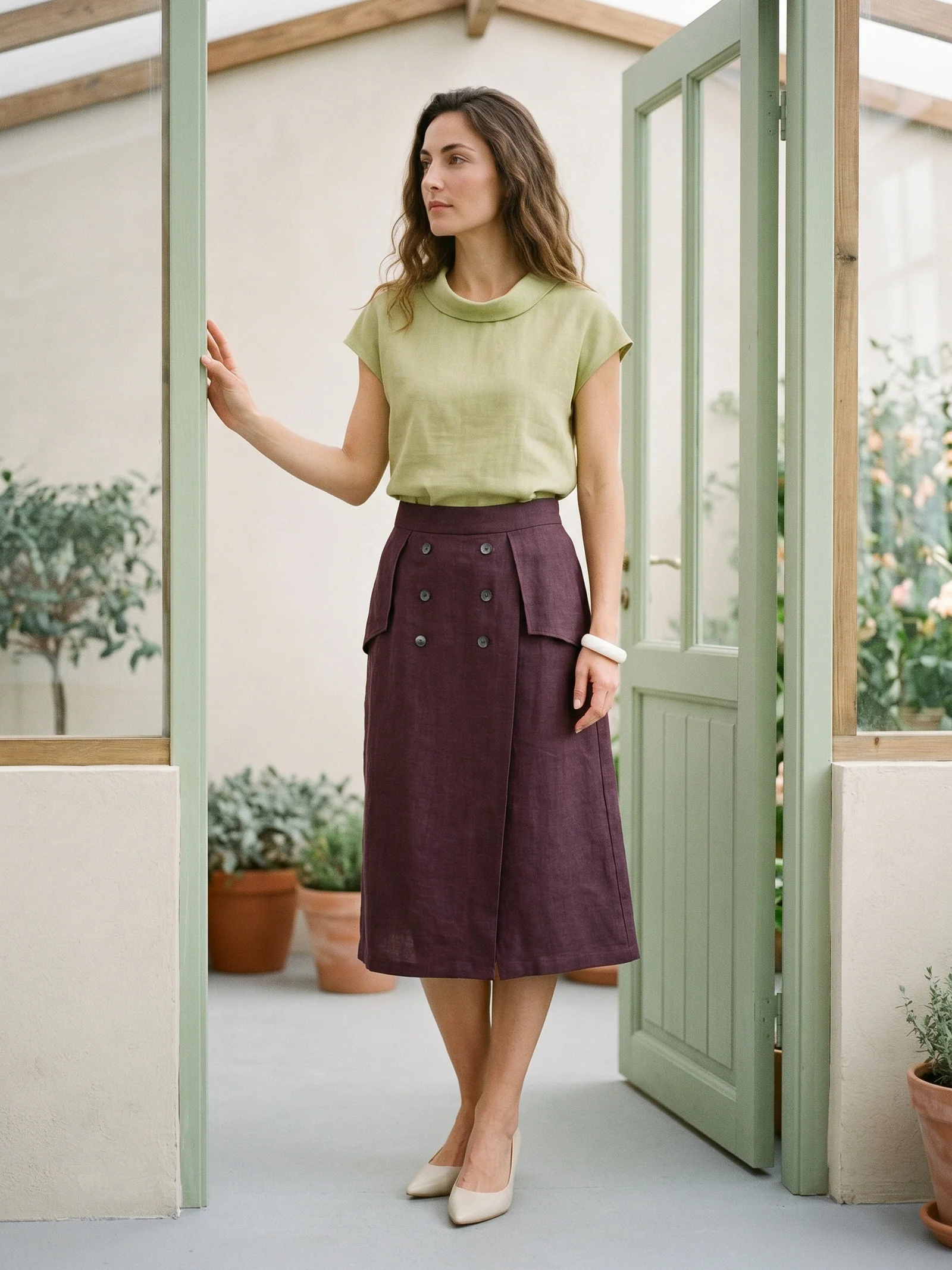 100% Linen Shell Button Flap Detail A Line Skirt PERDITA - Image 3