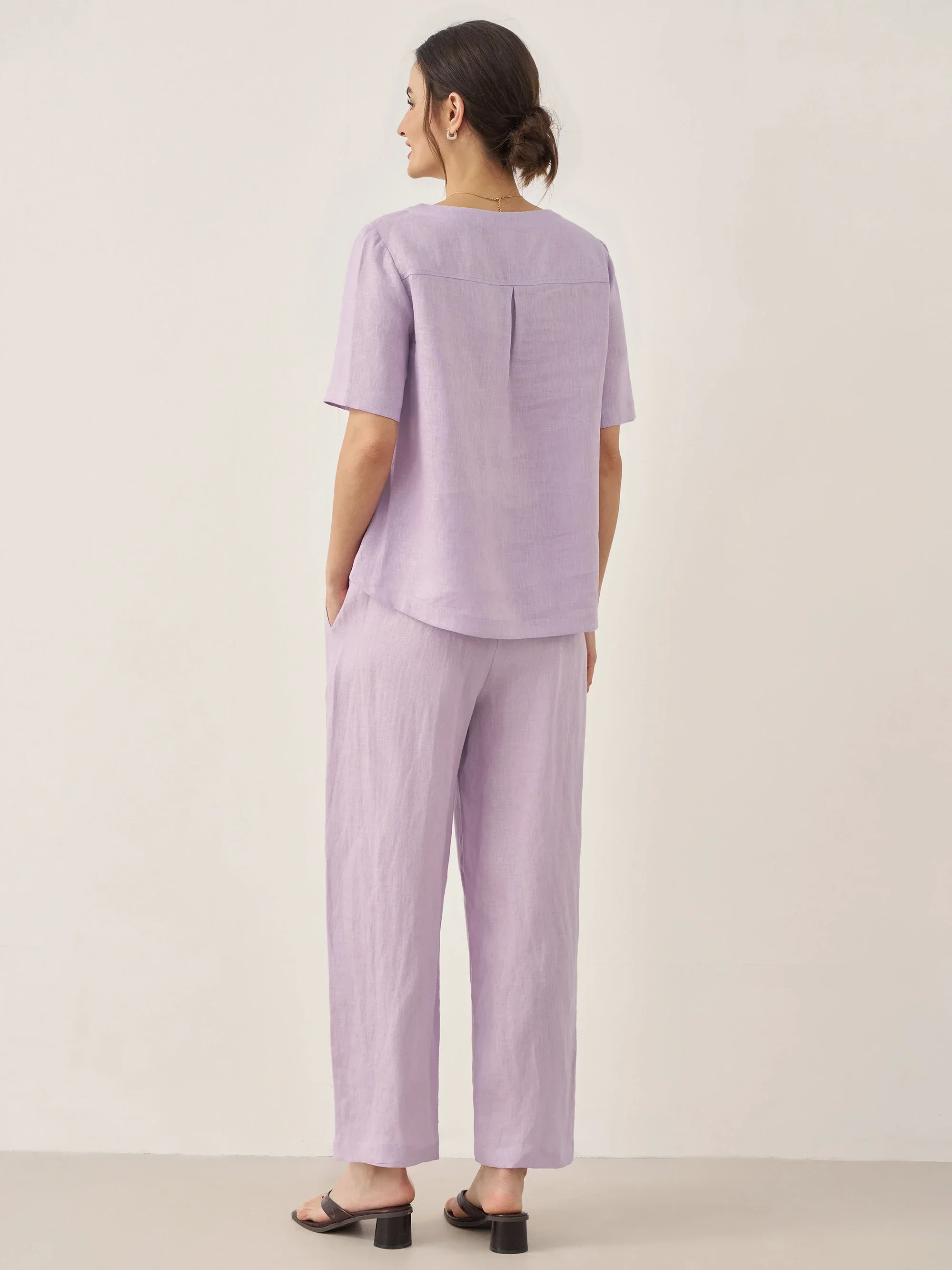 100% Linen Short-Sleeve Round Neck Button Detail Top & Pants Set SASHA - Image 3