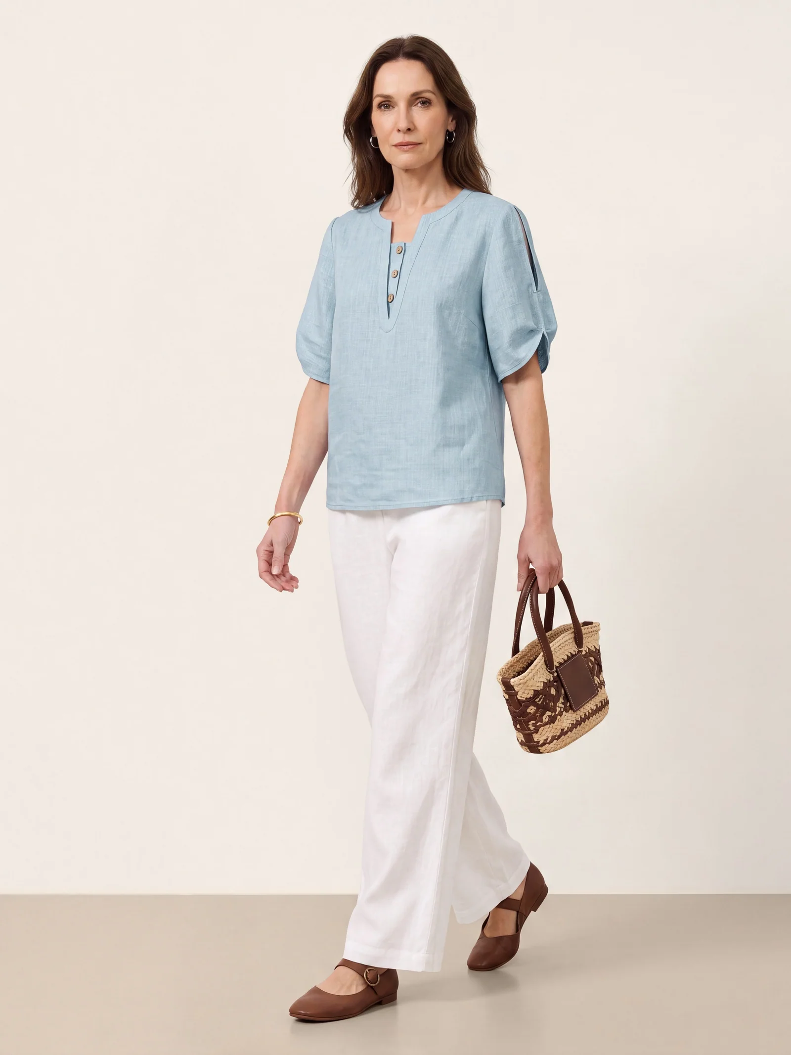 100% Linen Shoulder Slit V Neck Top NOELIA - Image 9