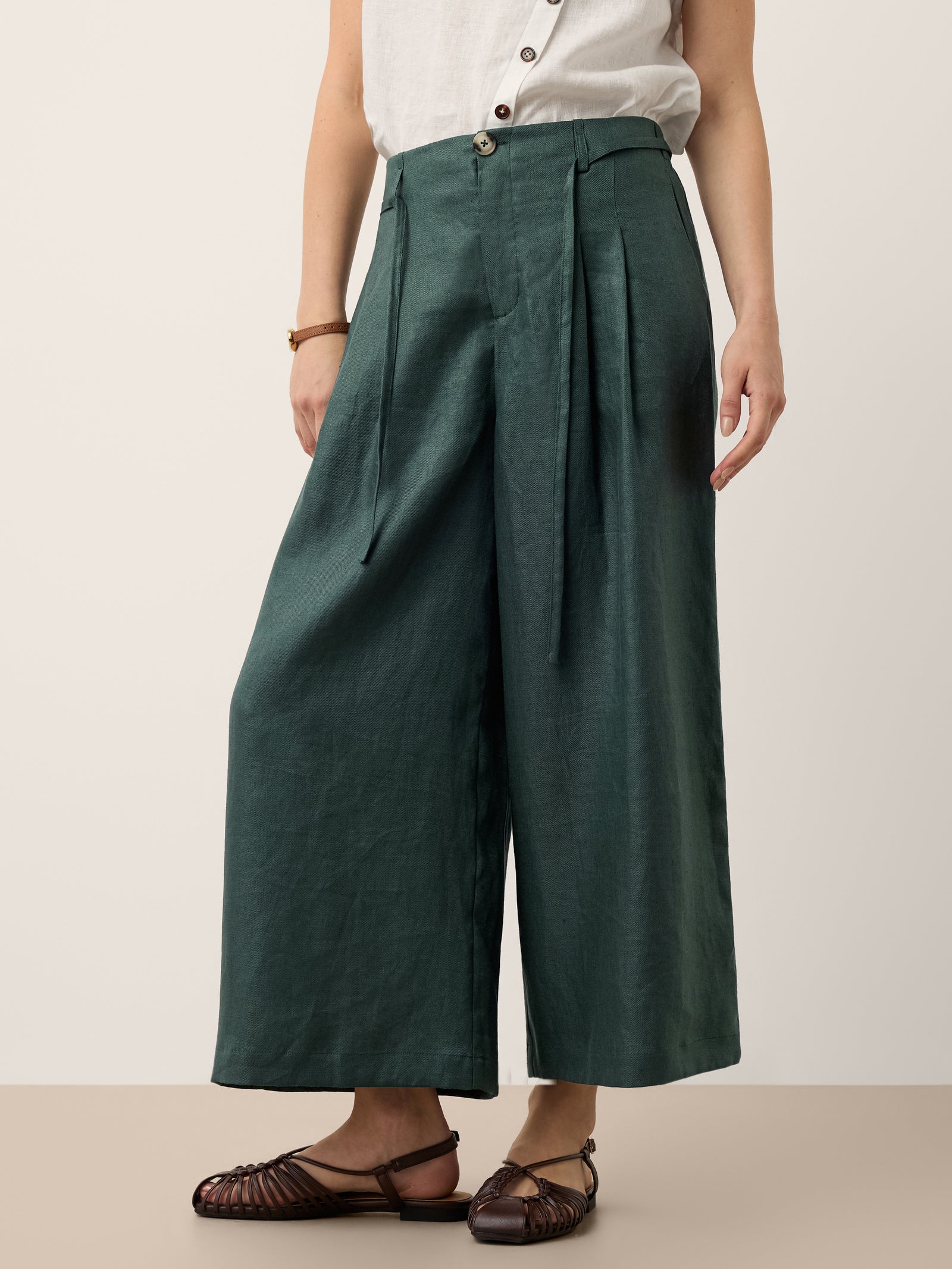 100% Linen Side Tie Elasticated Waist Wide Leg Cropped Pants CAMILLA - Image 4